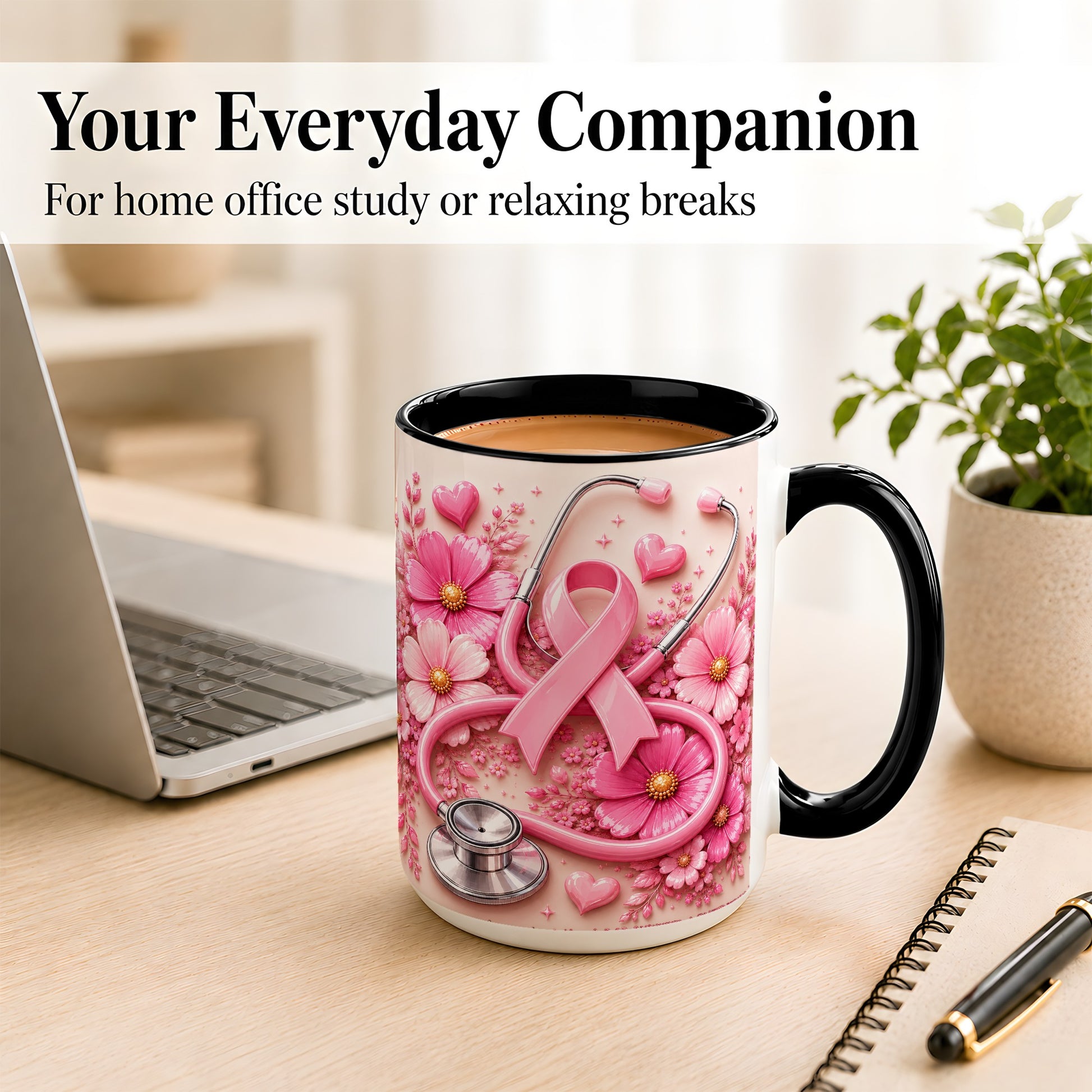 #pl[15oz|Black] Breast Cancer Awareness Coffee Mug, Stethoscope Mug, Ceramic Cup
