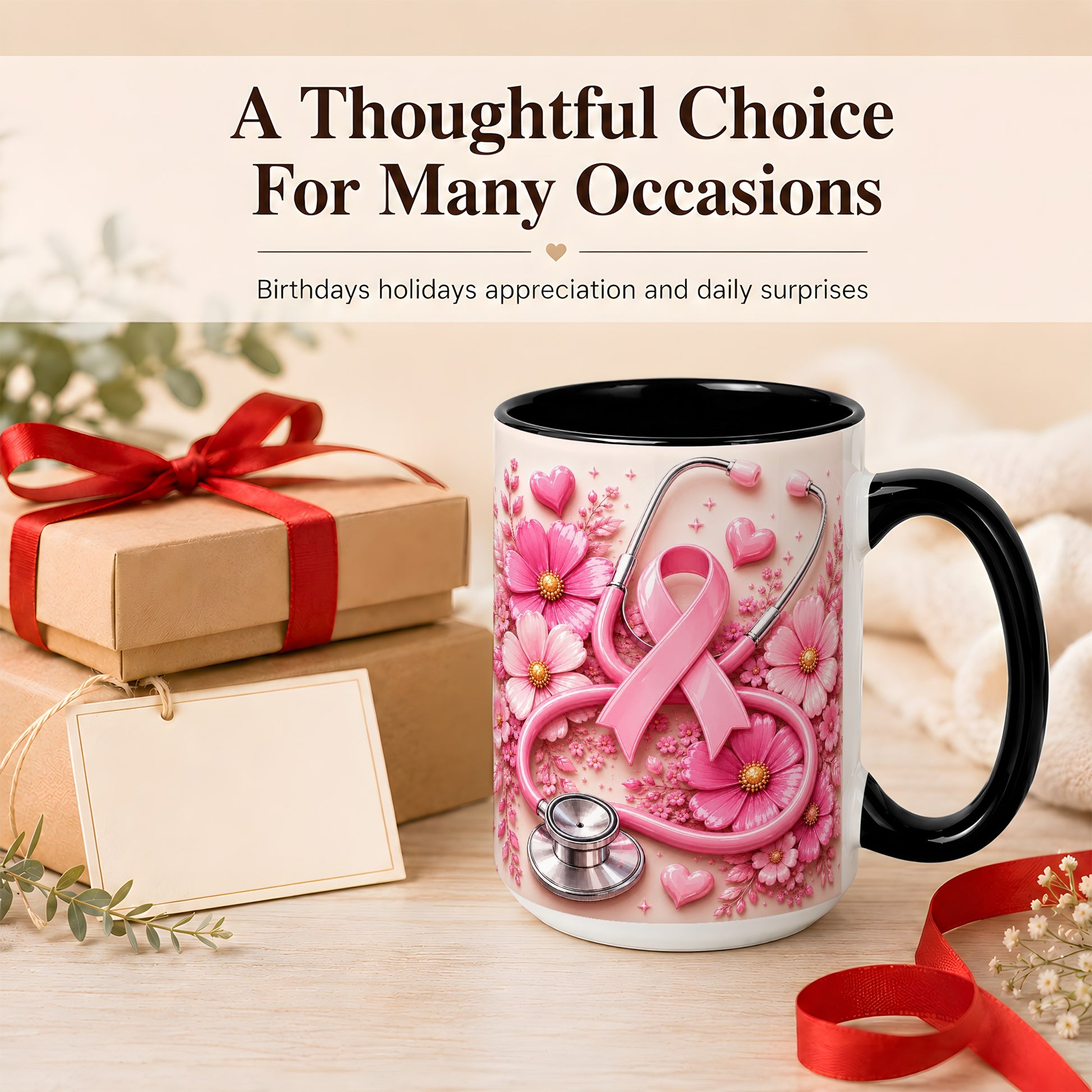 #pl[15oz|Black] Breast Cancer Awareness Coffee Mug, Stethoscope Mug, Ceramic Cup