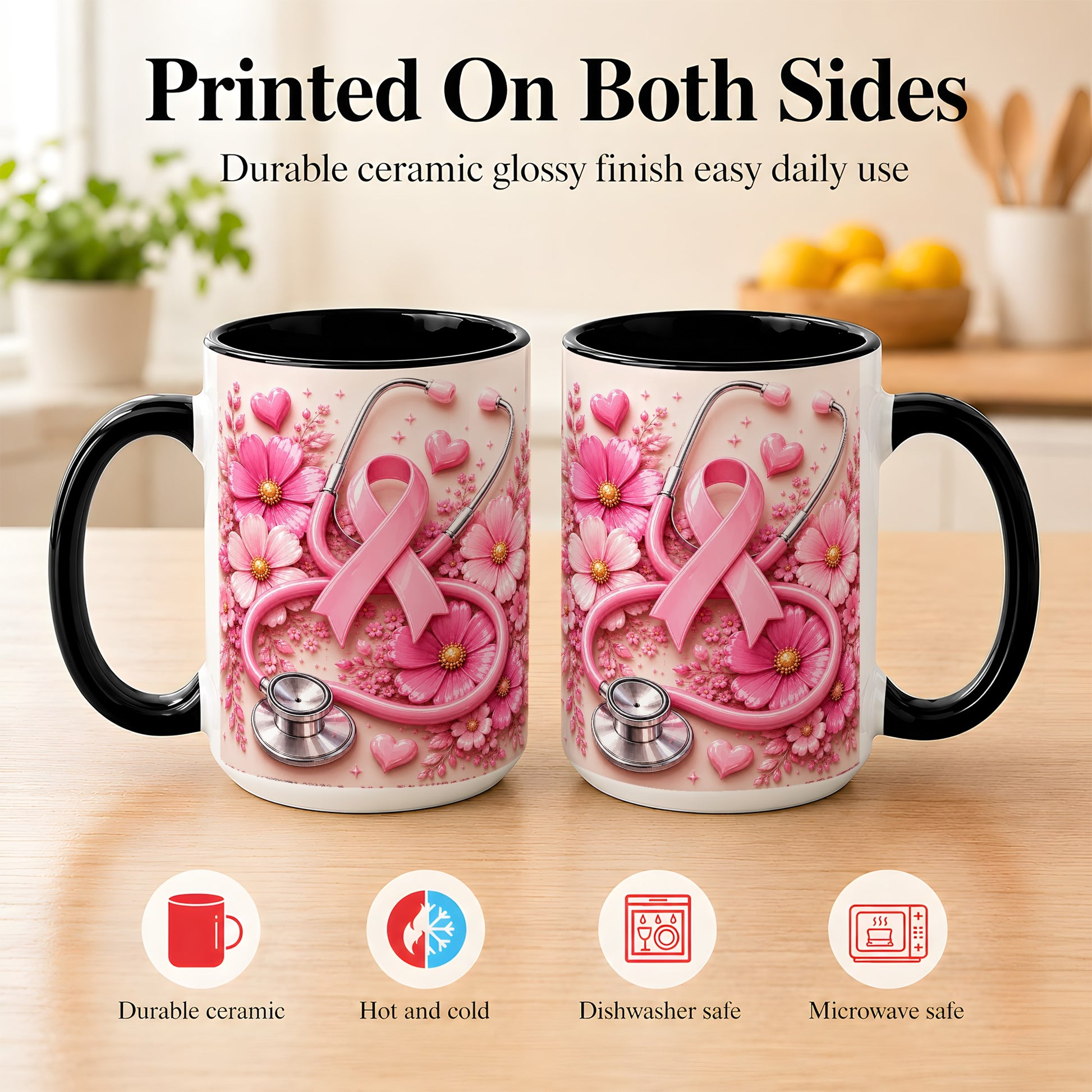 #pl[15oz|Black] Breast Cancer Awareness Coffee Mug, Stethoscope Mug, Ceramic Cup