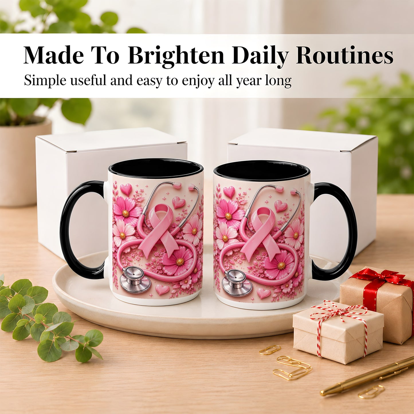 #pl[15oz|Black] Breast Cancer Awareness Coffee Mug, Stethoscope Mug, Ceramic Cup