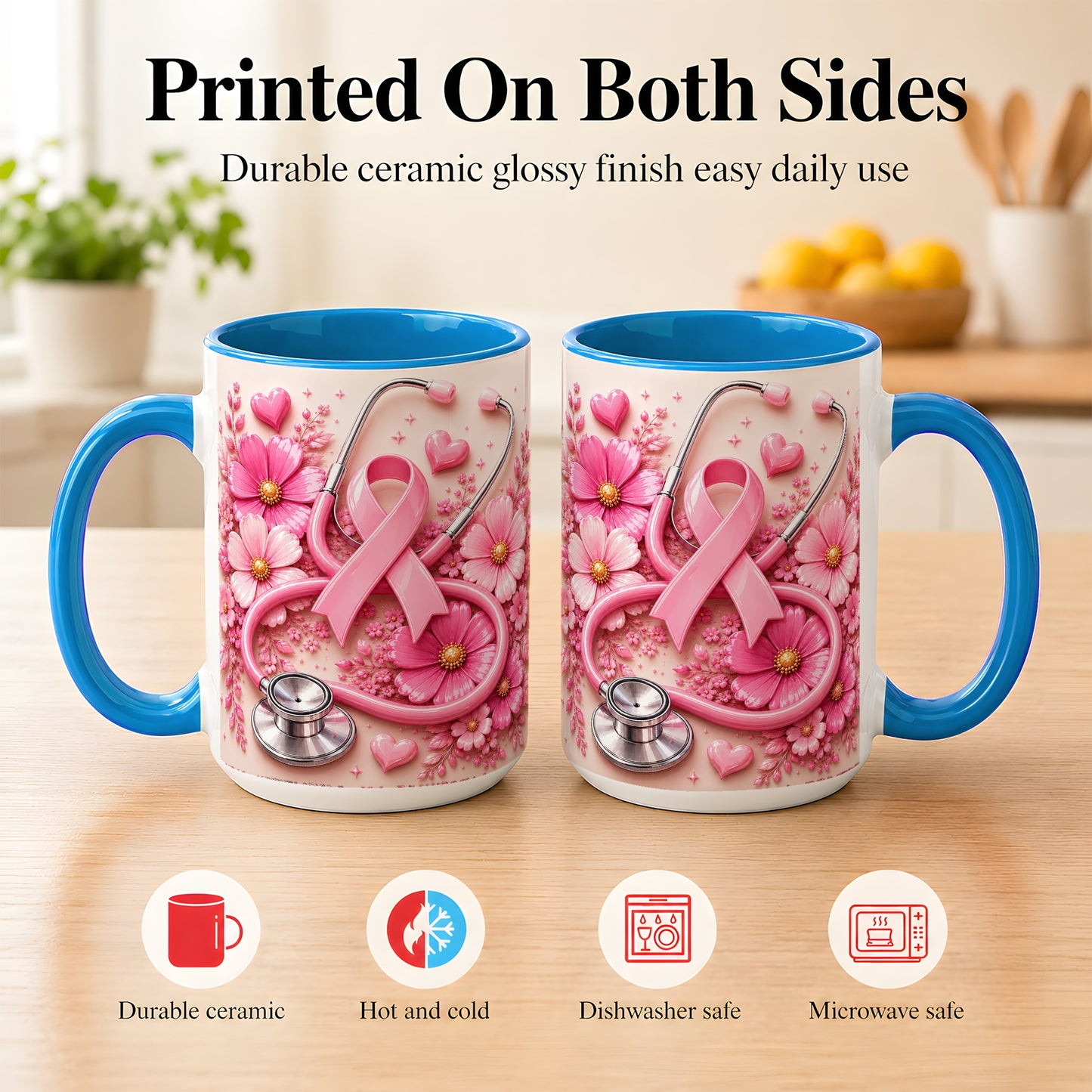 #pl[15oz|Blue] Breast Cancer Awareness Coffee Mug, Stethoscope Mug, Ceramic Cup