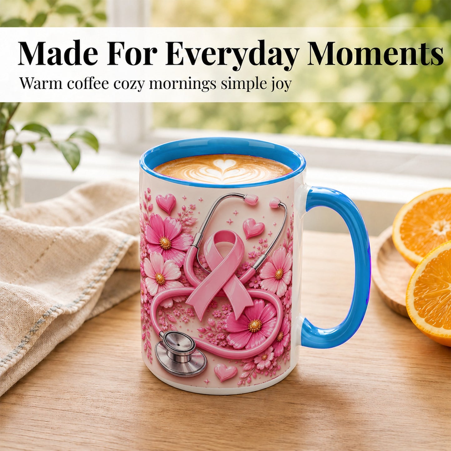 #pl[15oz|Blue] Breast Cancer Awareness Coffee Mug, Stethoscope Mug, Ceramic Cup
