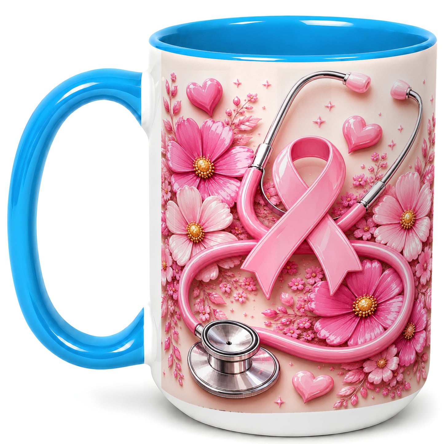 #pl[15oz|Blue] Breast Cancer Awareness Coffee Mug, Stethoscope Mug, Ceramic Cup