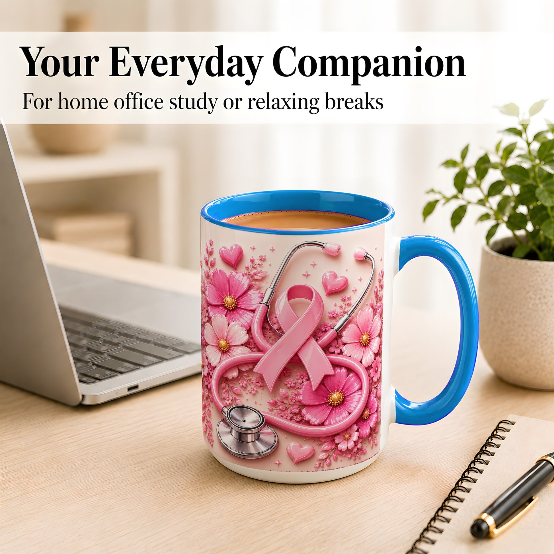 #pl[15oz|Blue] Breast Cancer Awareness Coffee Mug, Stethoscope Mug, Ceramic Cup