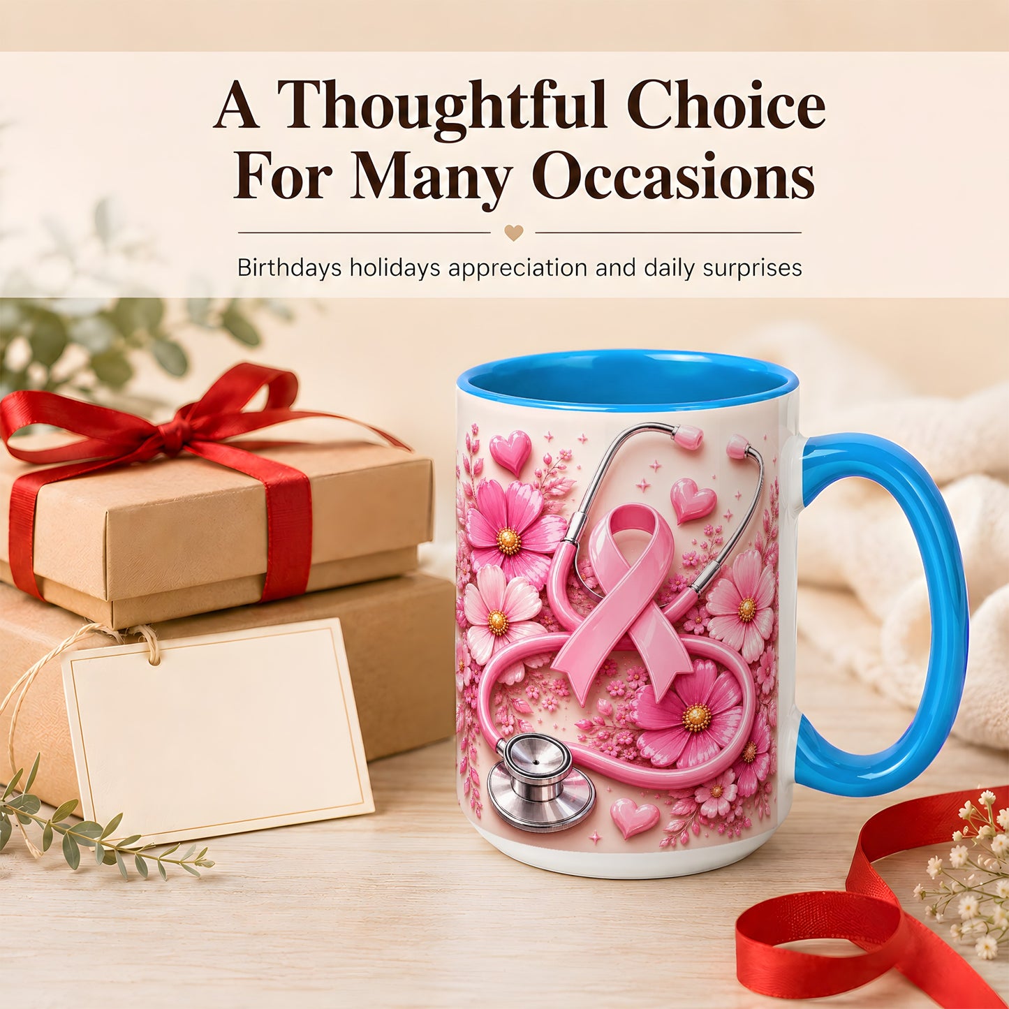 #pl[15oz|Blue] Breast Cancer Awareness Coffee Mug, Stethoscope Mug, Ceramic Cup