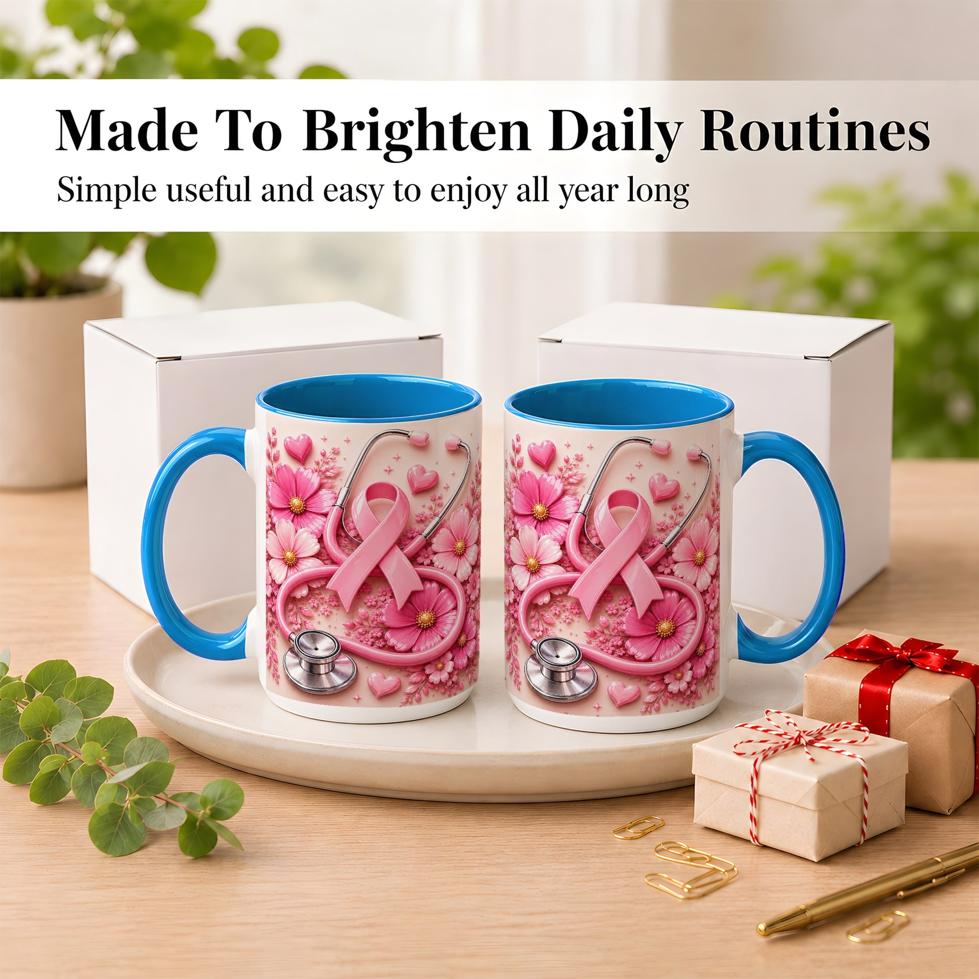 #pl[15oz|Blue] Breast Cancer Awareness Coffee Mug, Stethoscope Mug, Ceramic Cup
