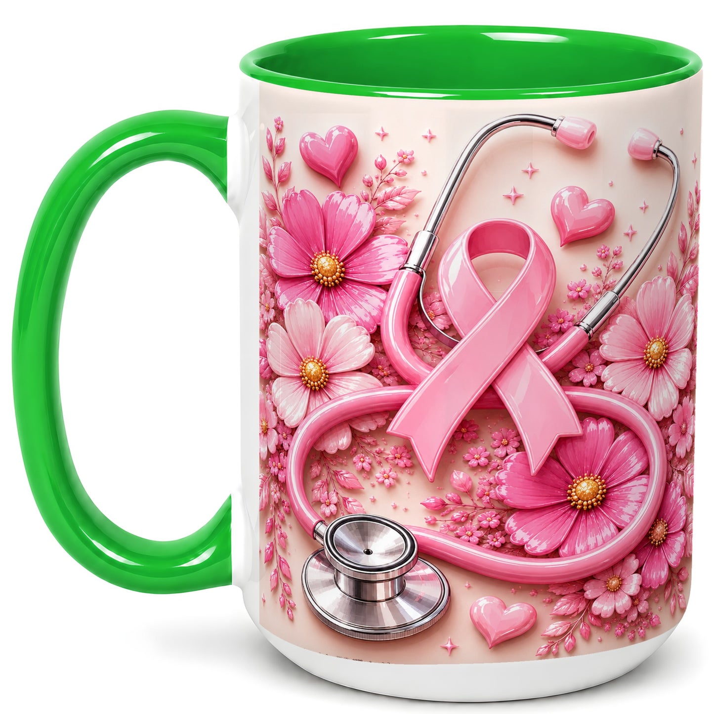 #pl[15oz|Green] Breast Cancer Awareness Coffee Mug, Stethoscope Mug, Ceramic Cup