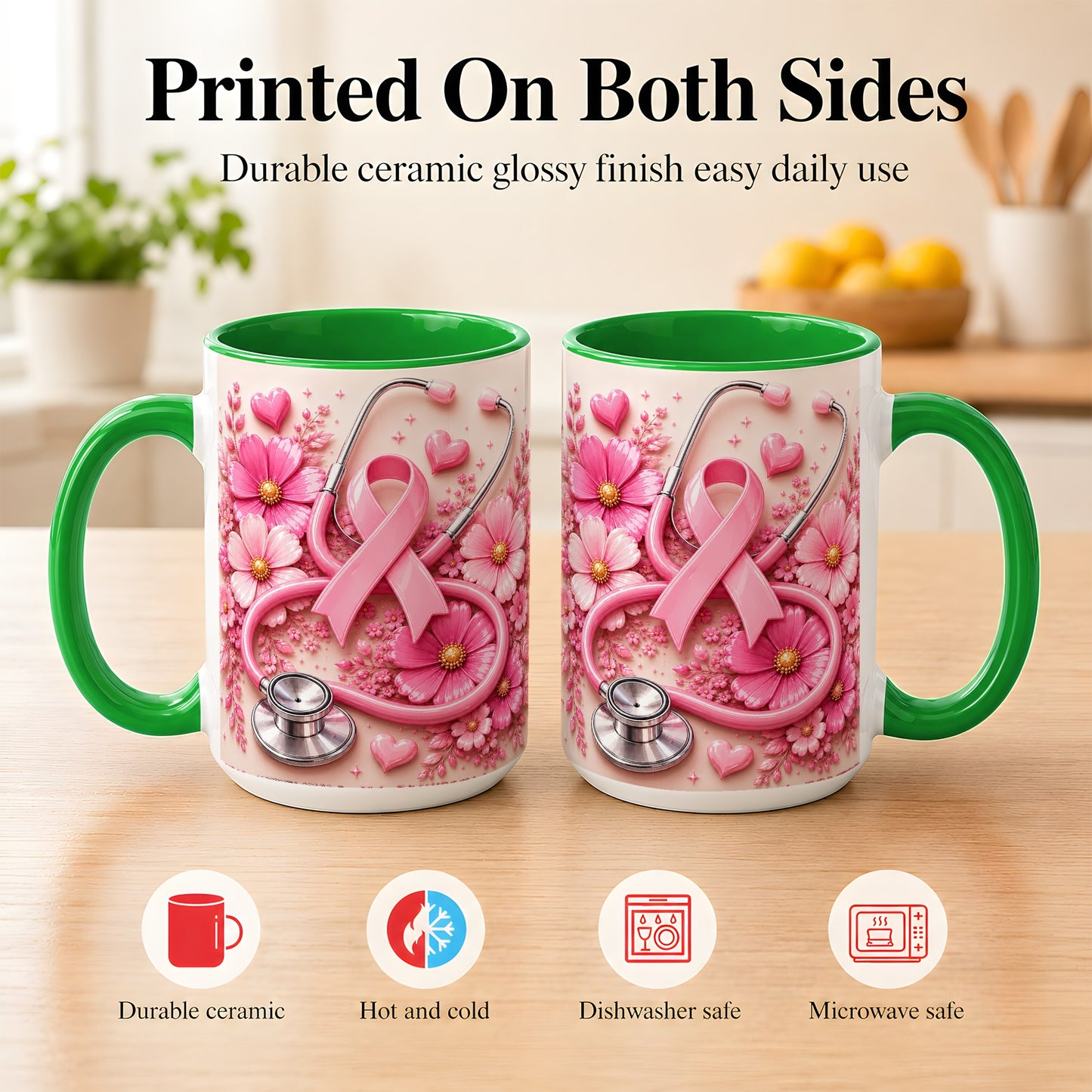 #pl[15oz|Green] Breast Cancer Awareness Coffee Mug, Stethoscope Mug, Ceramic Cup
