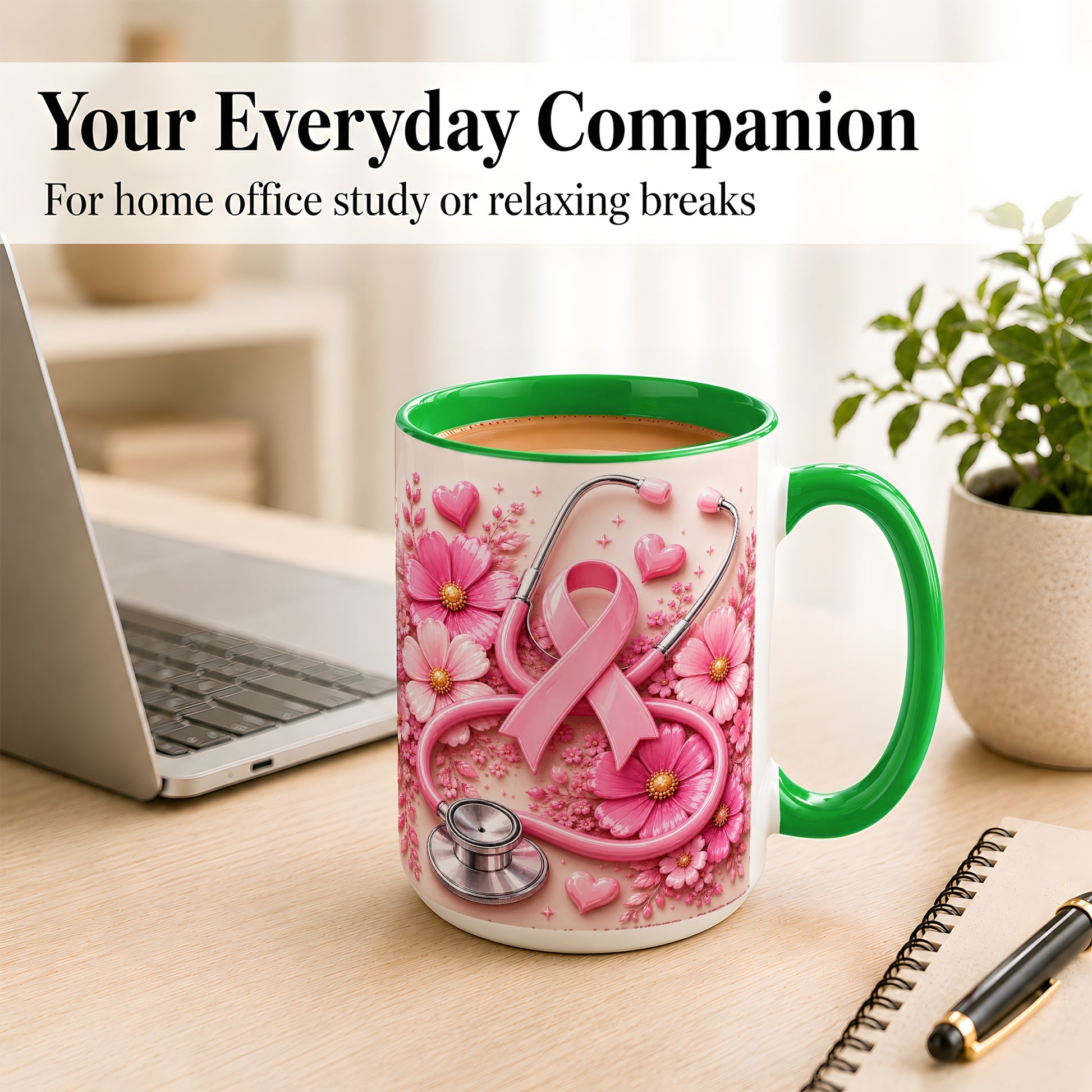 #pl[15oz|Green] Breast Cancer Awareness Coffee Mug, Stethoscope Mug, Ceramic Cup