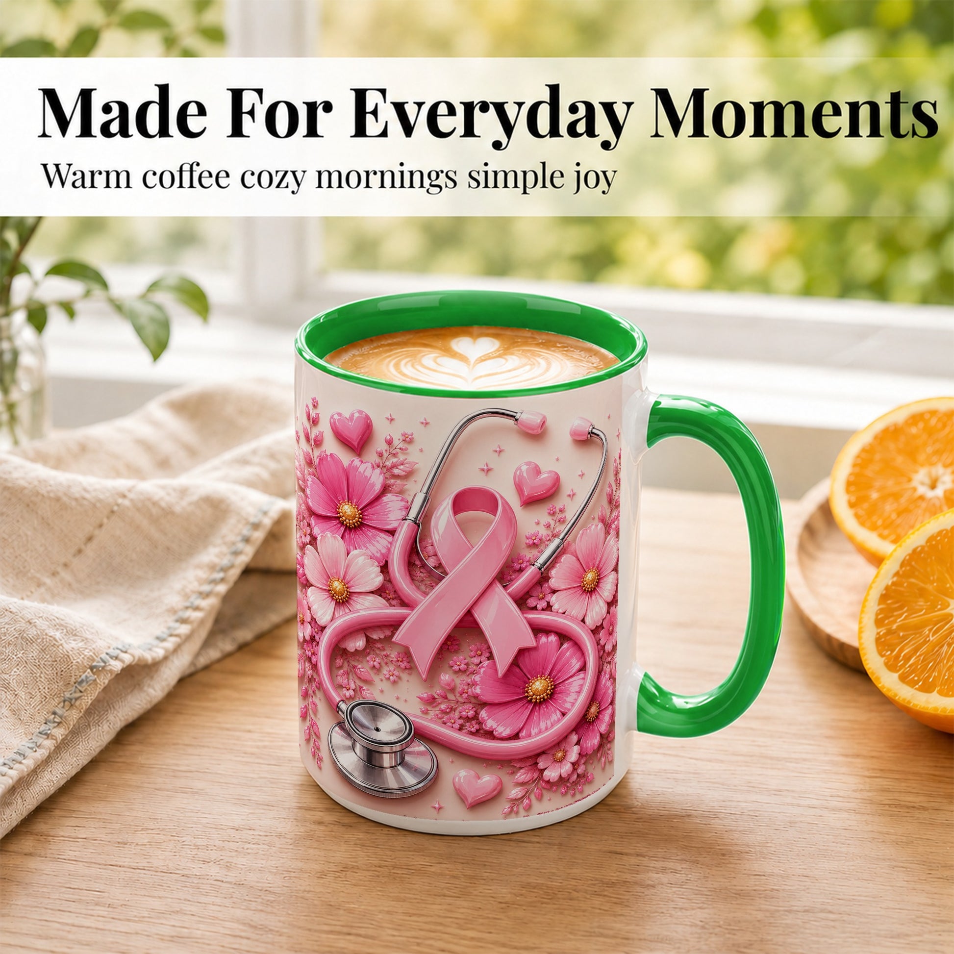 #pl[15oz|Green] Breast Cancer Awareness Coffee Mug, Stethoscope Mug, Ceramic Cup