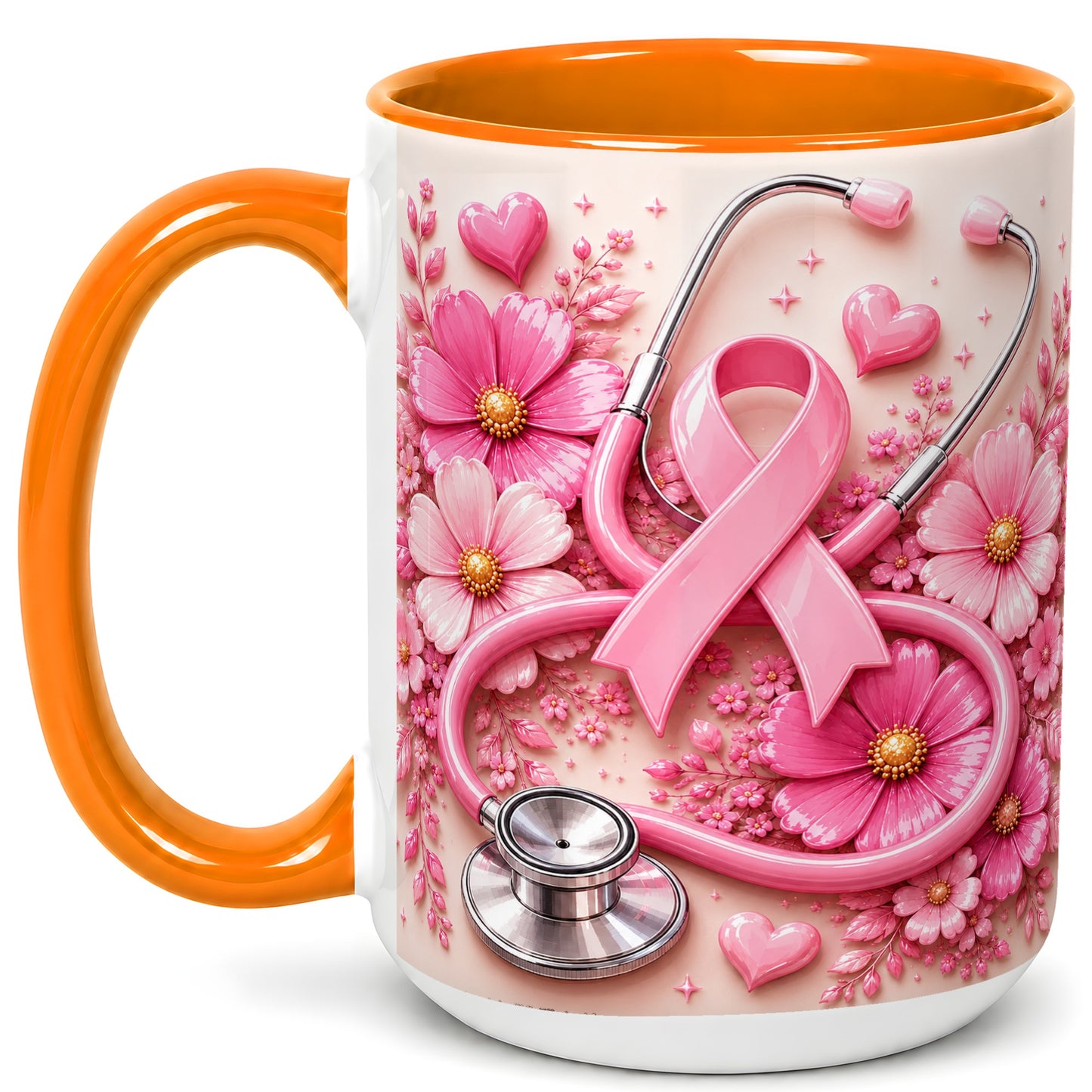 #pl[15oz|Orange] Breast Cancer Awareness Coffee Mug, Stethoscope Mug, Ceramic Cup