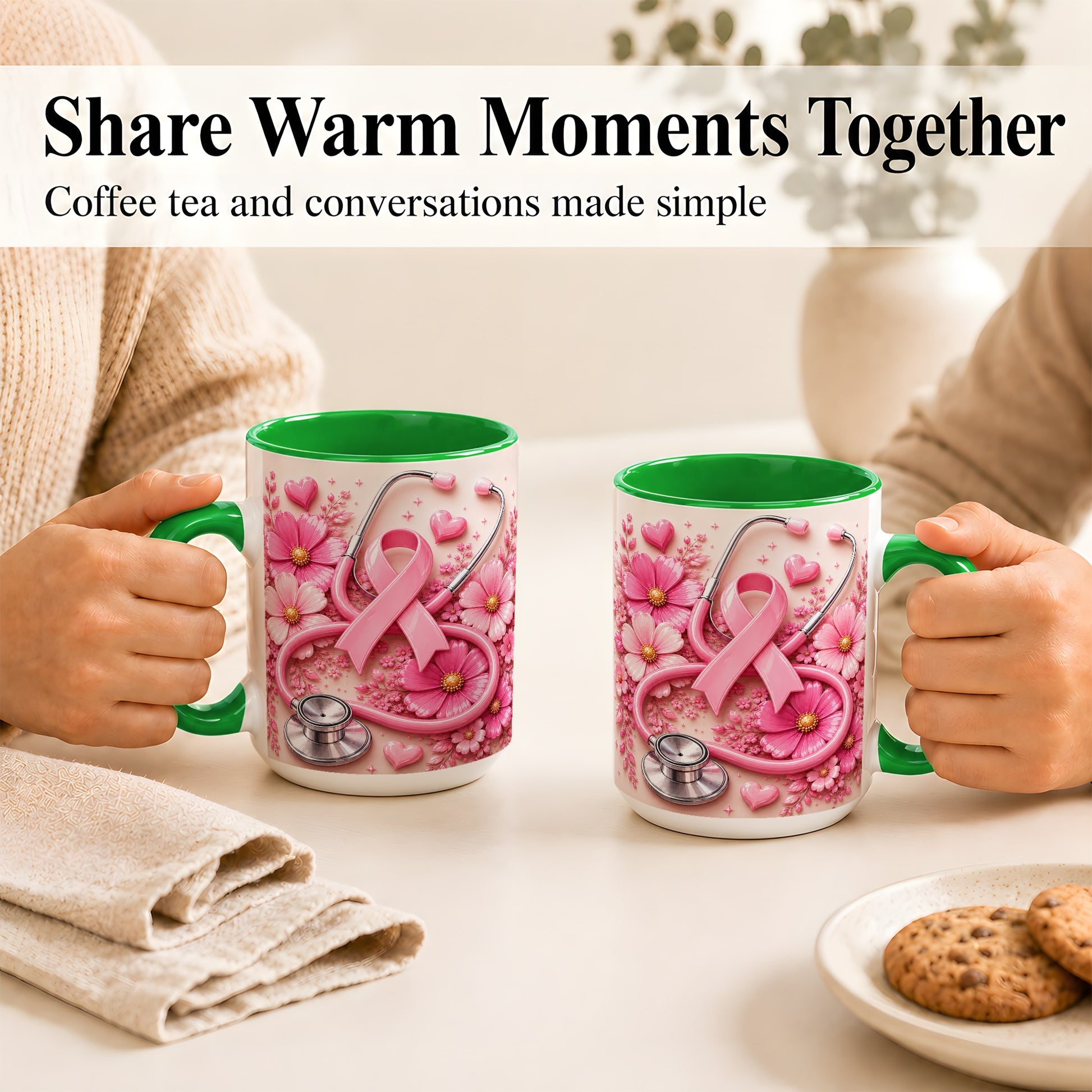 #pl[15oz|Green] Breast Cancer Awareness Coffee Mug, Stethoscope Mug, Ceramic Cup