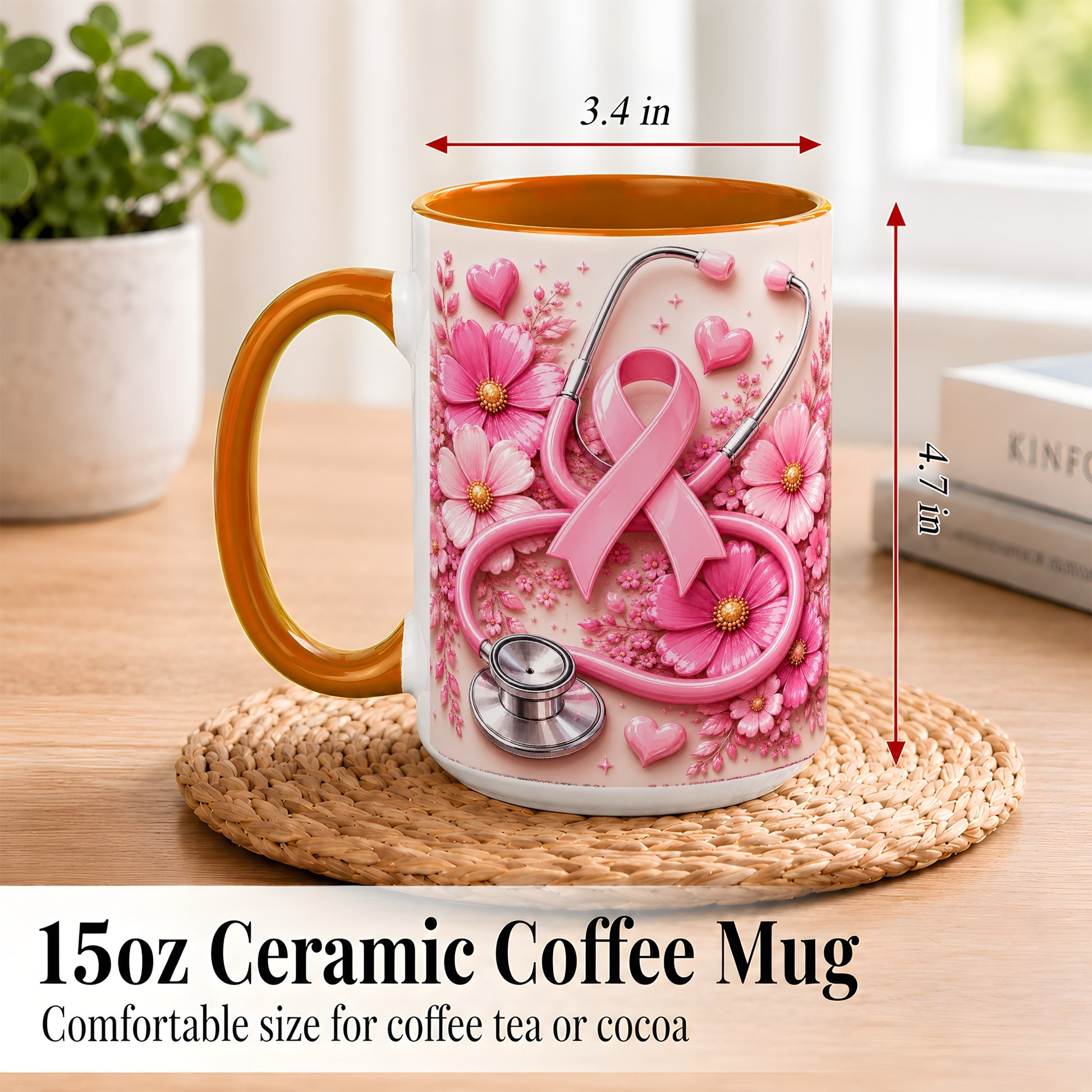 #pl[15oz|Orange] Breast Cancer Awareness Coffee Mug, Stethoscope Mug, Ceramic Cup