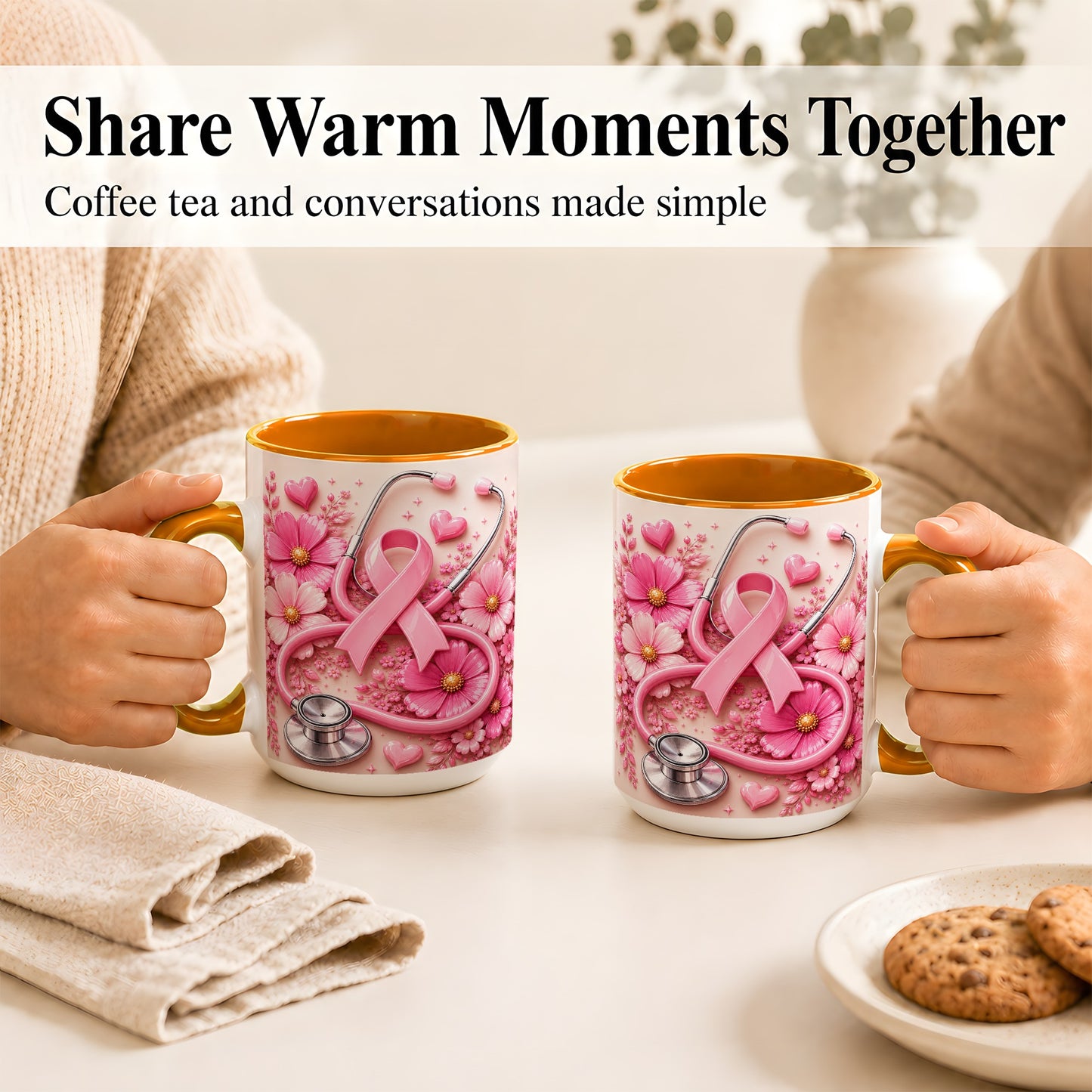 #pl[15oz|Orange] Breast Cancer Awareness Coffee Mug, Stethoscope Mug, Ceramic Cup