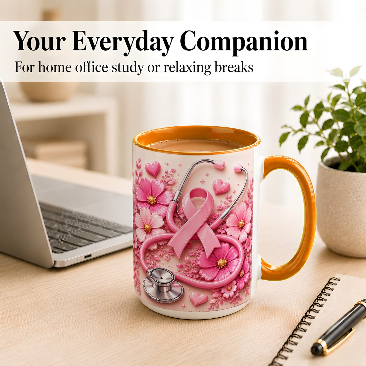 #pl[15oz|Orange] Breast Cancer Awareness Coffee Mug, Stethoscope Mug, Ceramic Cup