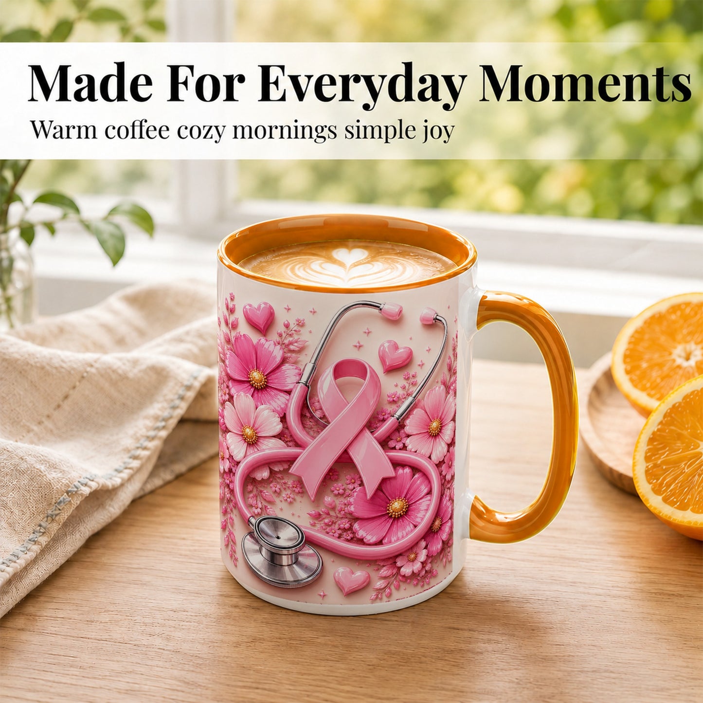 #pl[15oz|Orange] Breast Cancer Awareness Coffee Mug, Stethoscope Mug, Ceramic Cup