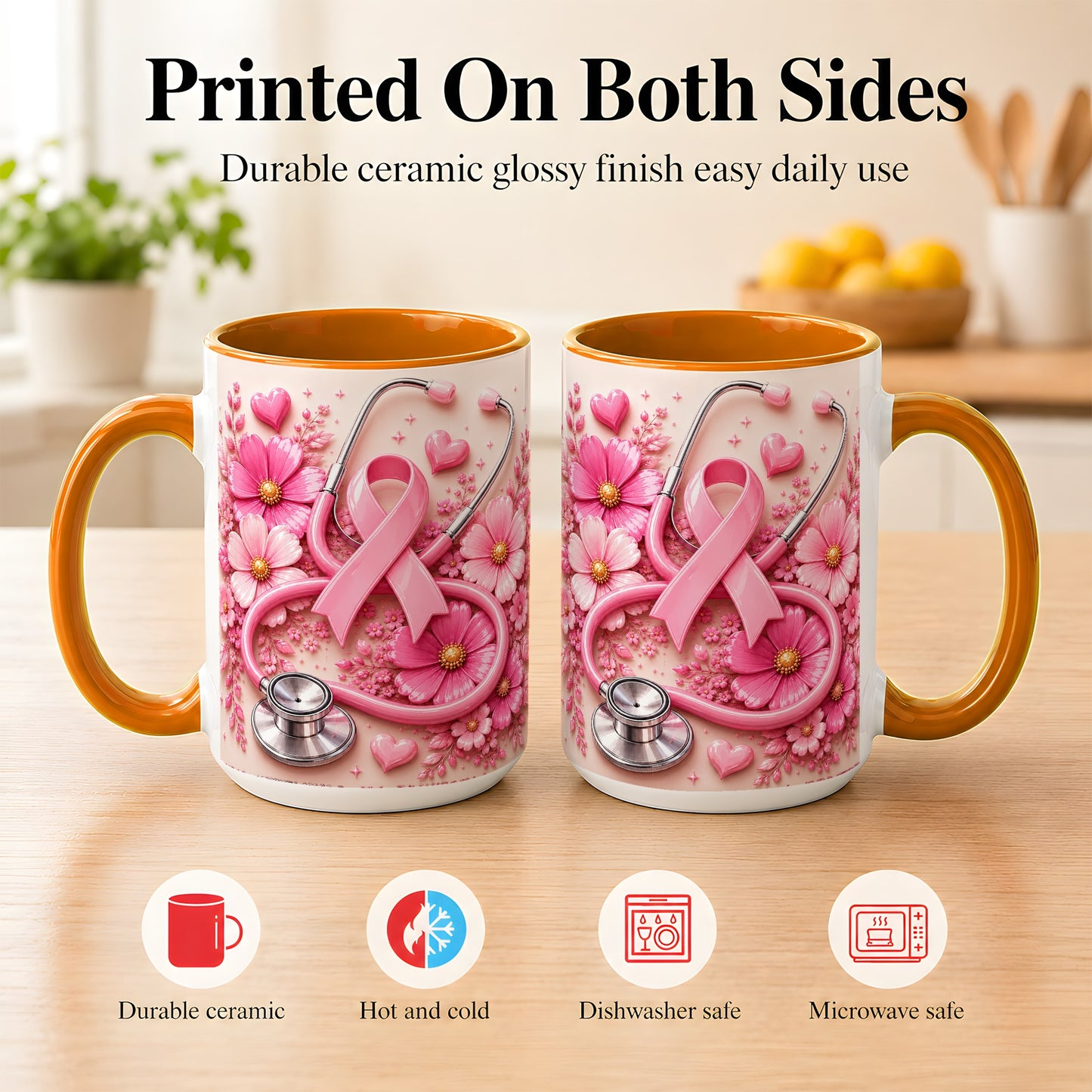 #pl[15oz|Orange] Breast Cancer Awareness Coffee Mug, Stethoscope Mug, Ceramic Cup