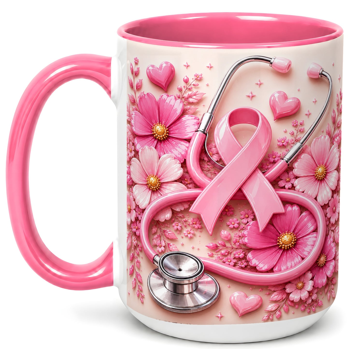 #pl[15oz|Pink] Breast Cancer Awareness Coffee Mug, Stethoscope Mug, Ceramic Cup
