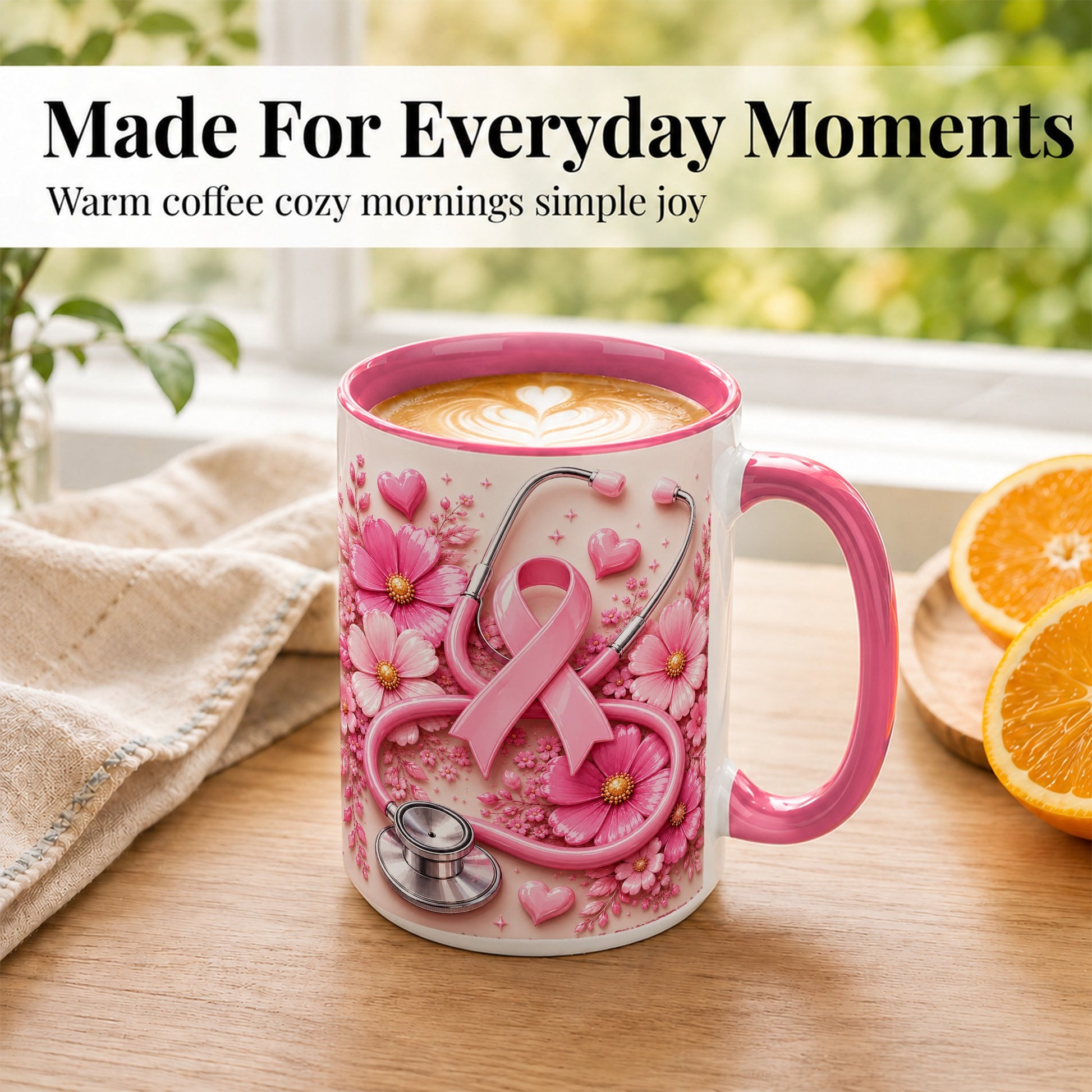 #pl[15oz|Pink] Breast Cancer Awareness Coffee Mug, Stethoscope Mug, Ceramic Cup
