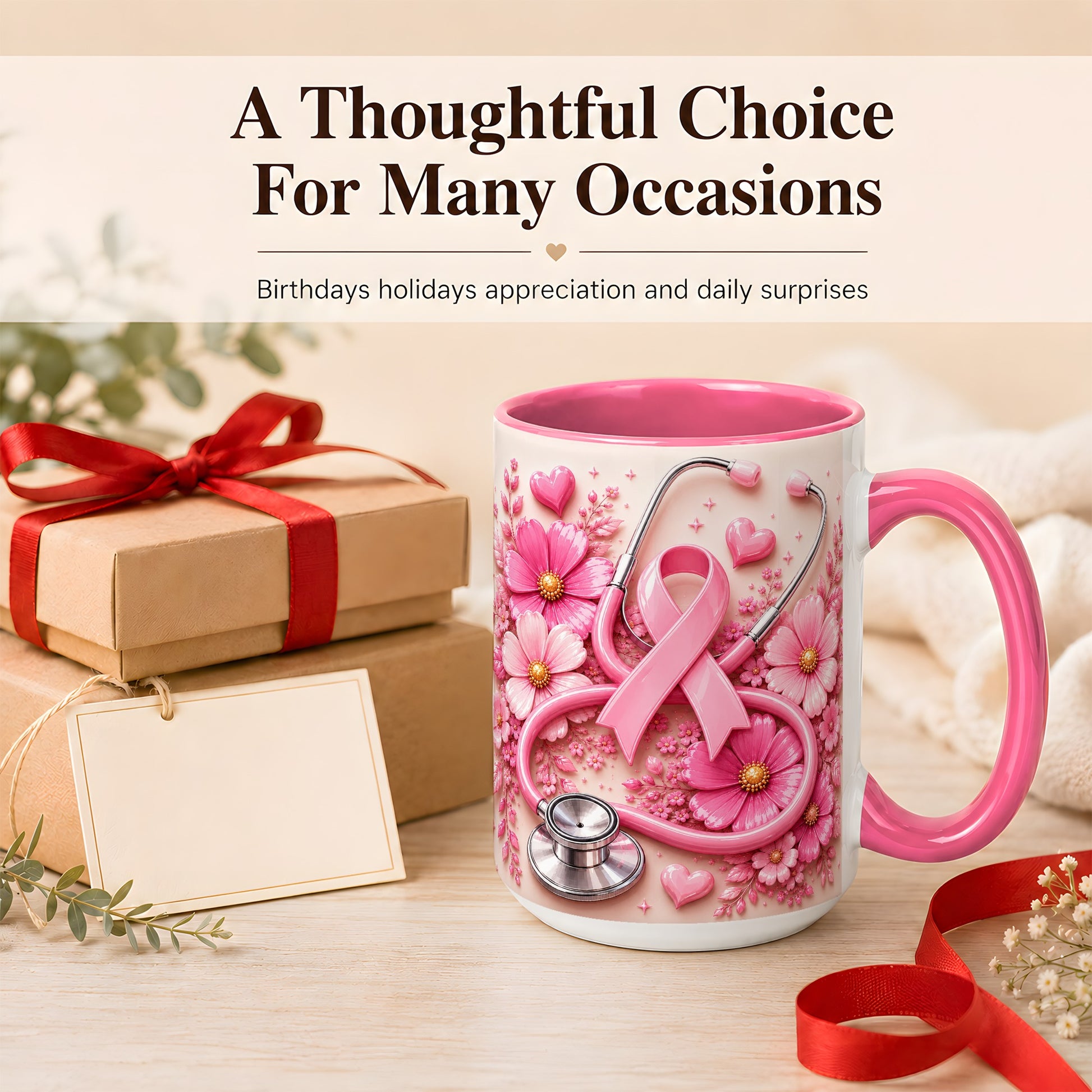 #pl[15oz|Pink] Breast Cancer Awareness Coffee Mug, Stethoscope Mug, Ceramic Cup