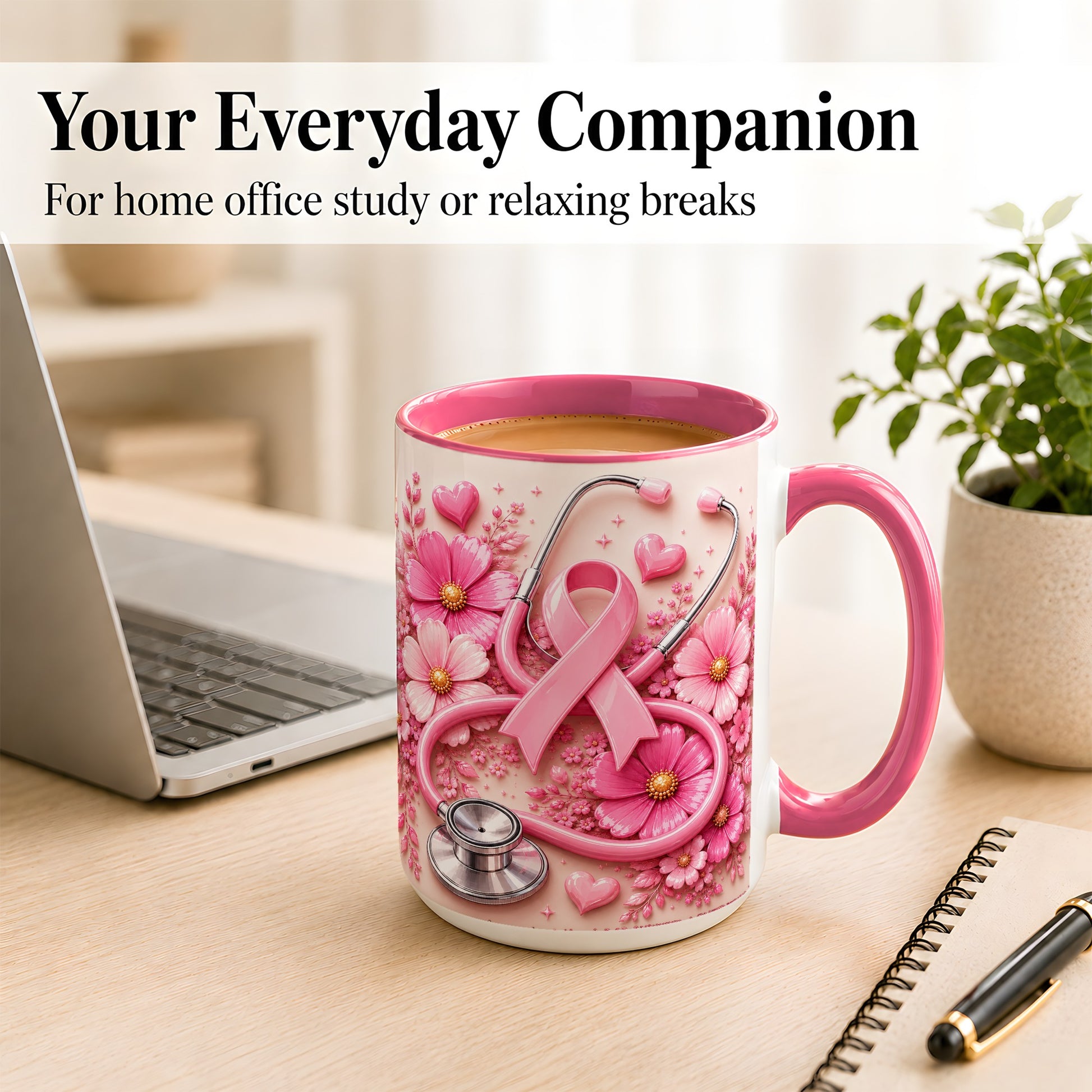 #pl[15oz|Pink] Breast Cancer Awareness Coffee Mug, Stethoscope Mug, Ceramic Cup