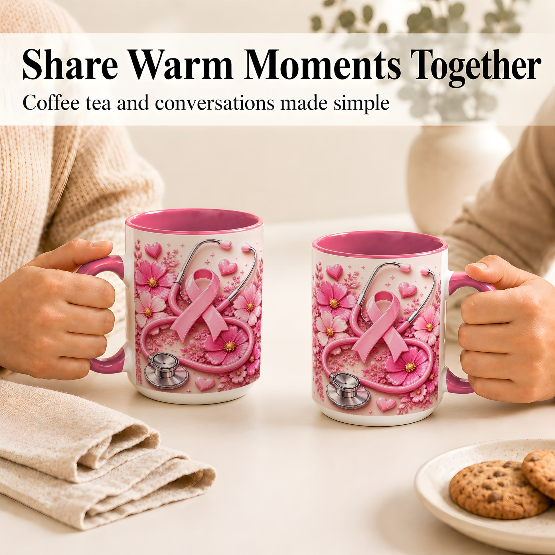 #pl[15oz|Pink] Breast Cancer Awareness Coffee Mug, Stethoscope Mug, Ceramic Cup