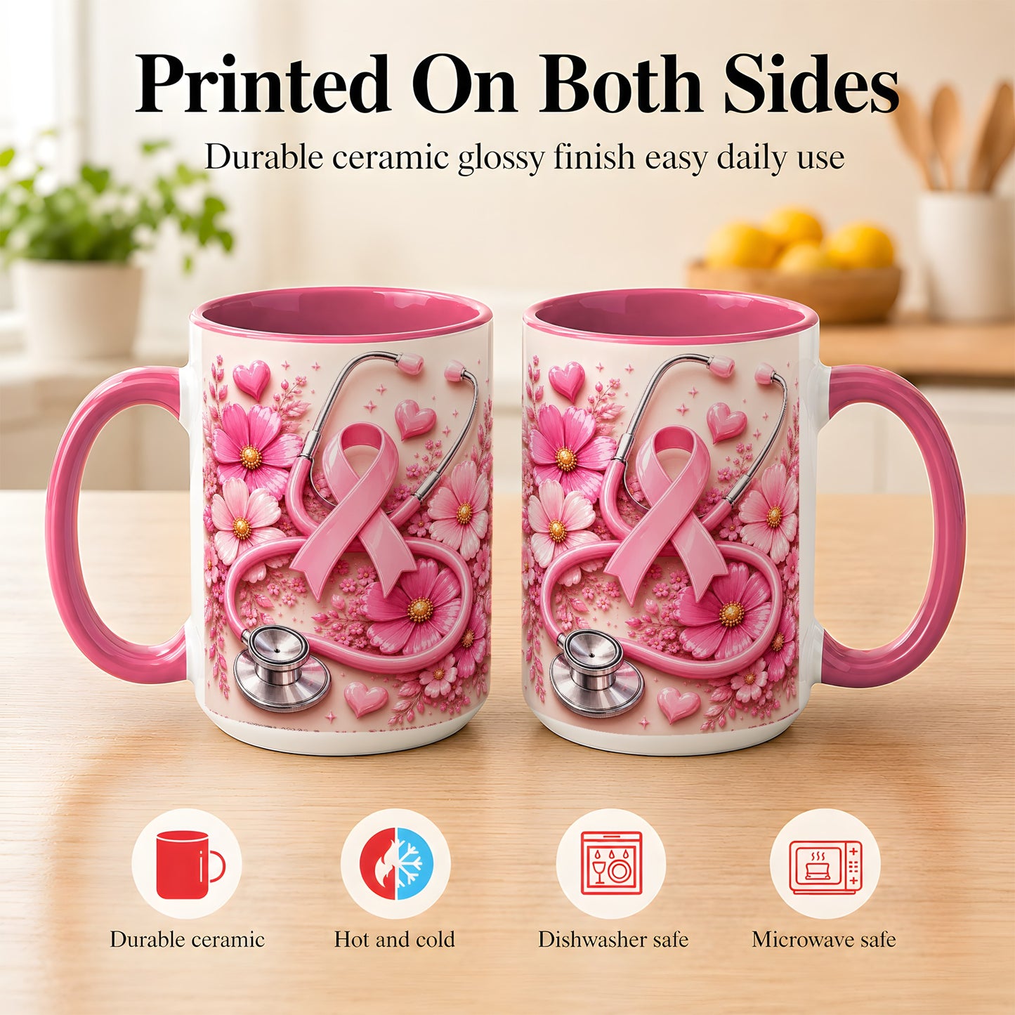 #pl[15oz|Pink] Breast Cancer Awareness Coffee Mug, Stethoscope Mug, Ceramic Cup