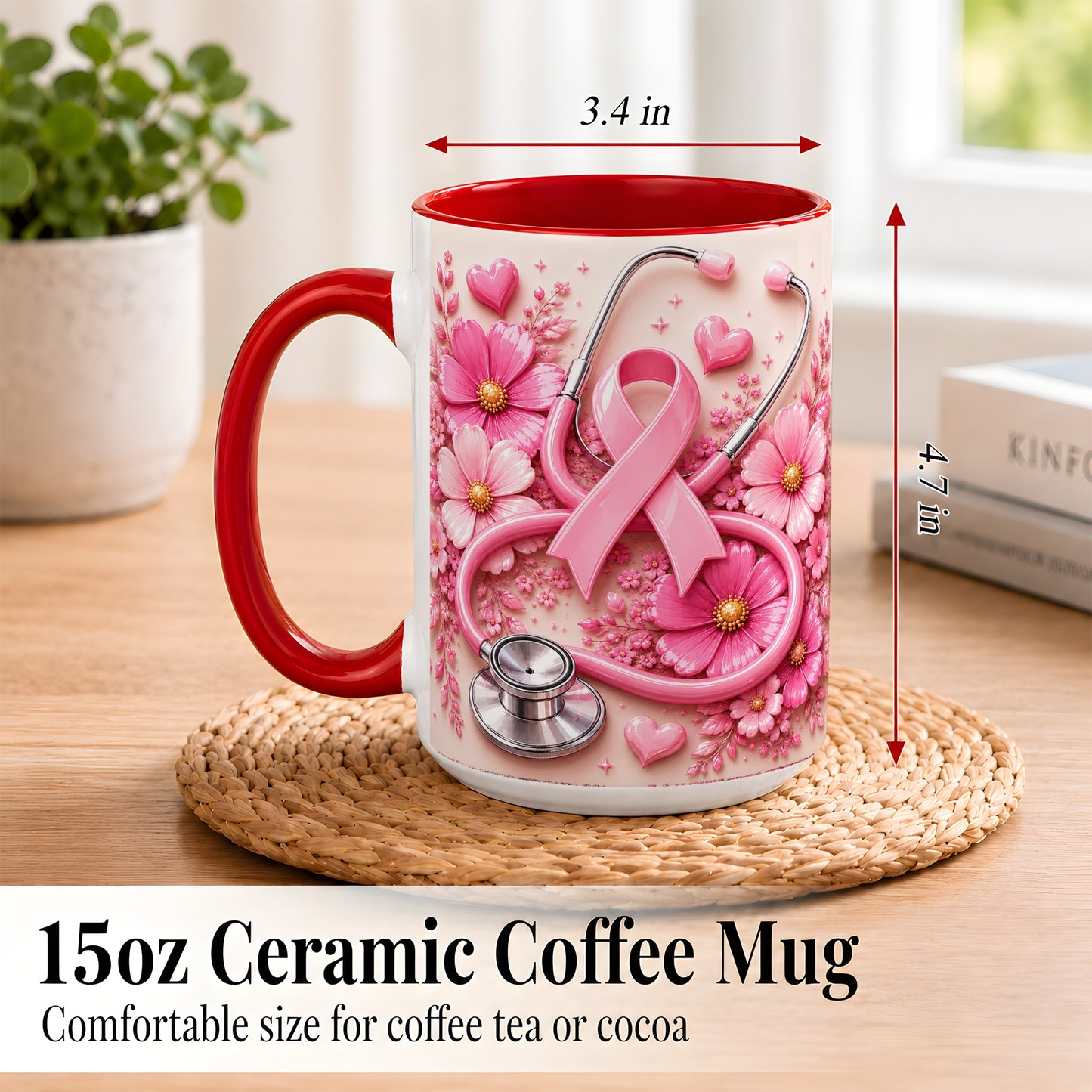 #pl[15oz|Red] Breast Cancer Awareness Coffee Mug, Stethoscope Mug, Ceramic Cup