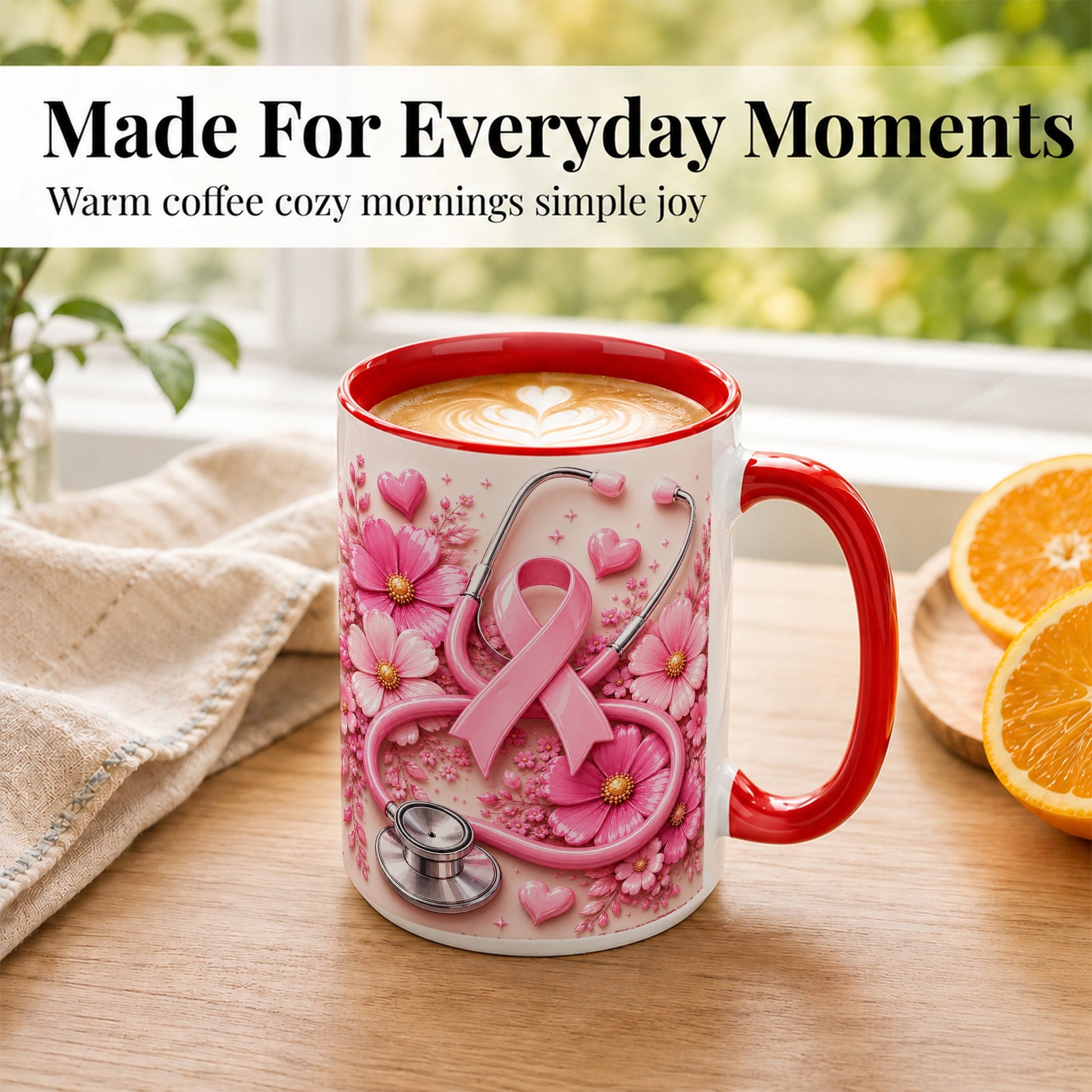 #pl[15oz|Red] Breast Cancer Awareness Coffee Mug, Stethoscope Mug, Ceramic Cup