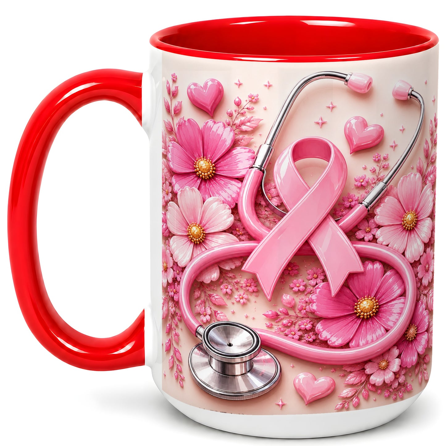#pl[15oz|Red] Breast Cancer Awareness Coffee Mug, Stethoscope Mug, Ceramic Cup