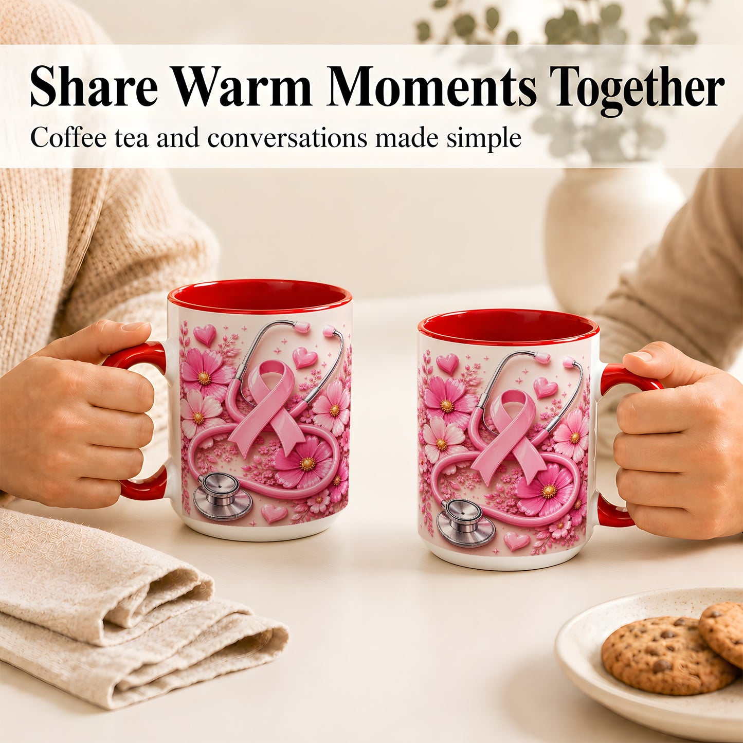 #pl[15oz|Red] Breast Cancer Awareness Coffee Mug, Stethoscope Mug, Ceramic Cup