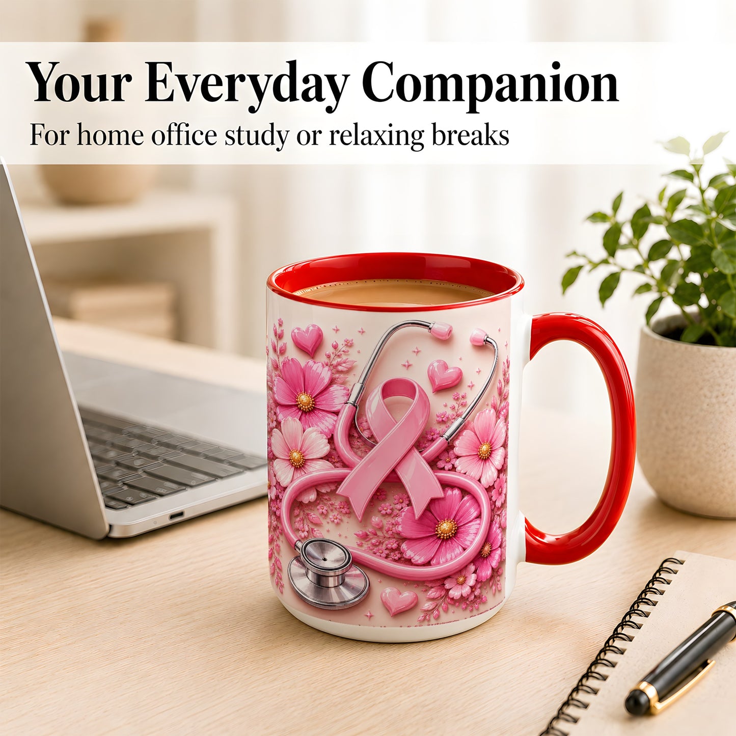 #pl[15oz|Red] Breast Cancer Awareness Coffee Mug, Stethoscope Mug, Ceramic Cup