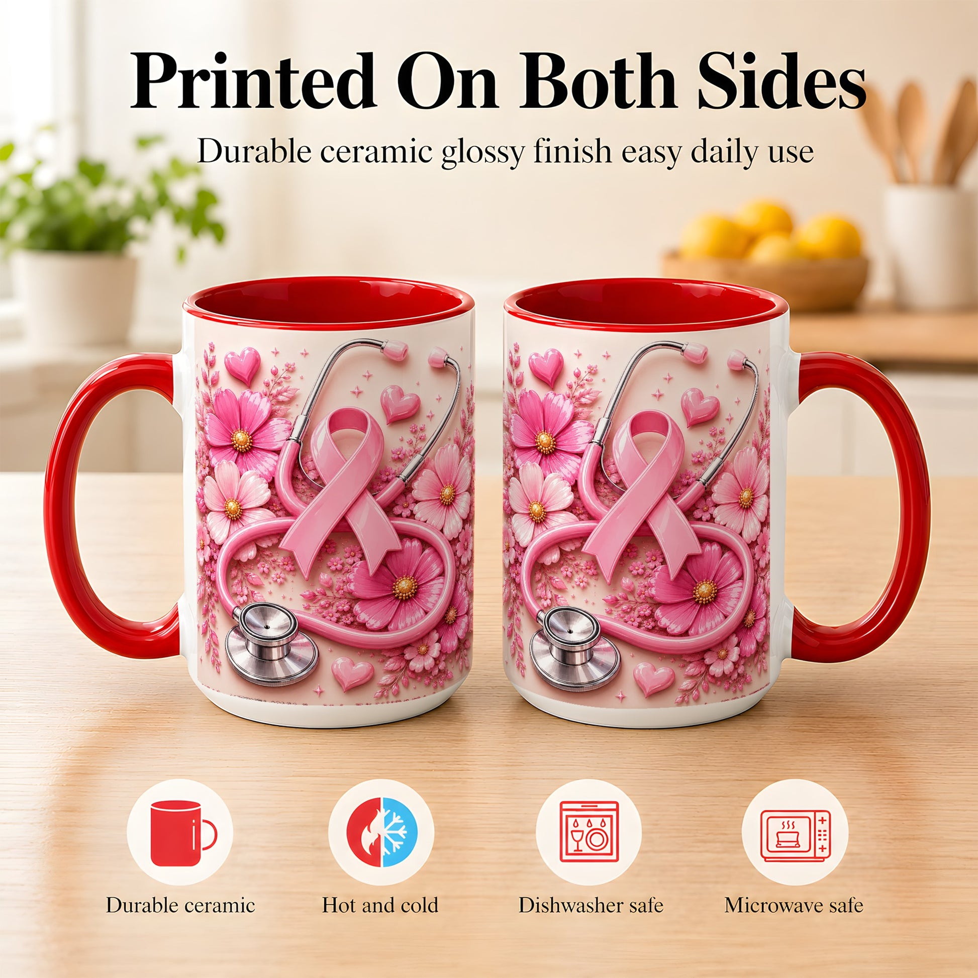 #pl[15oz|Red] Breast Cancer Awareness Coffee Mug, Stethoscope Mug, Ceramic Cup