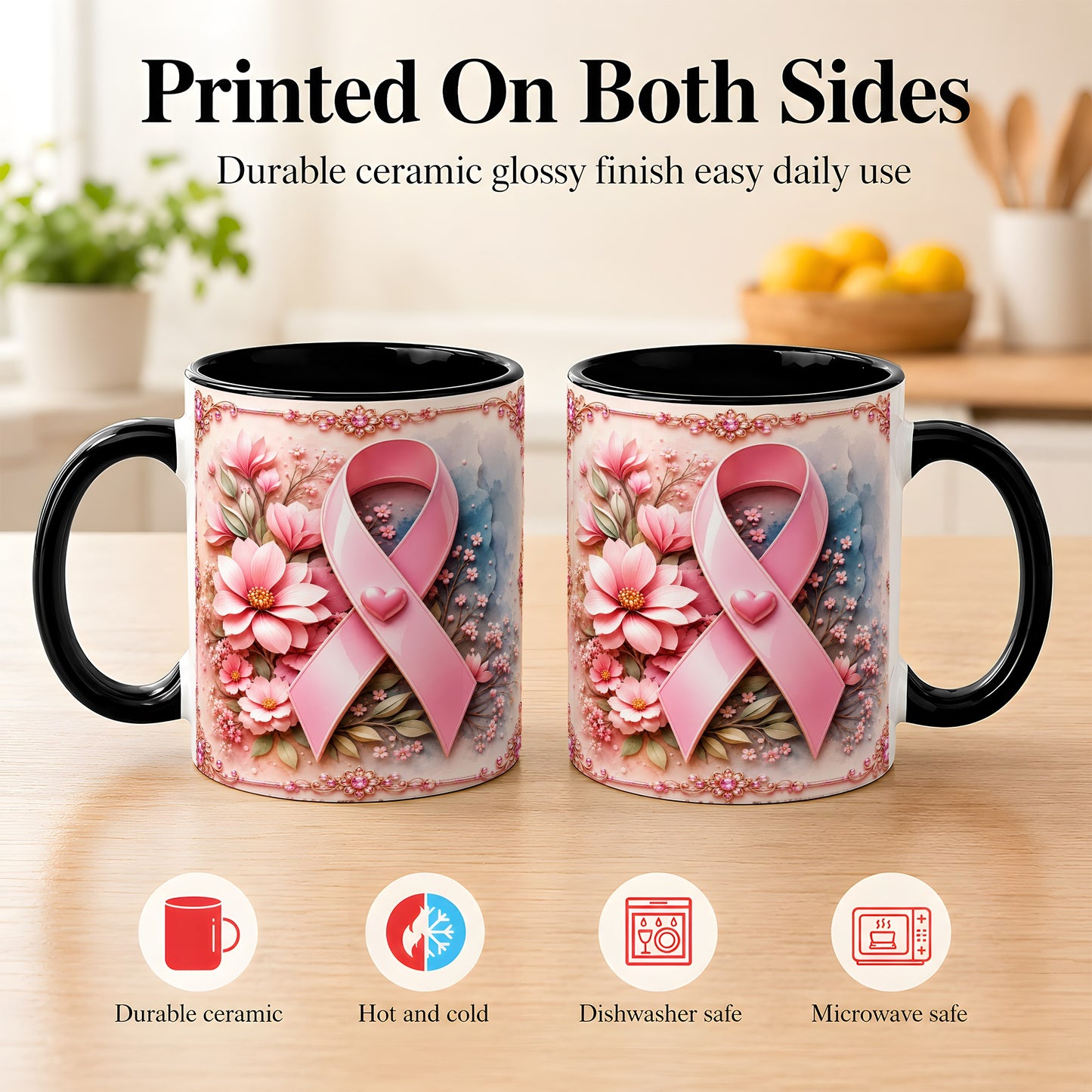 #pl[11oz|Black] Breast Cancer Awareness Coffee Mug, Pink Ribbon Mug, Ceramic Cup
