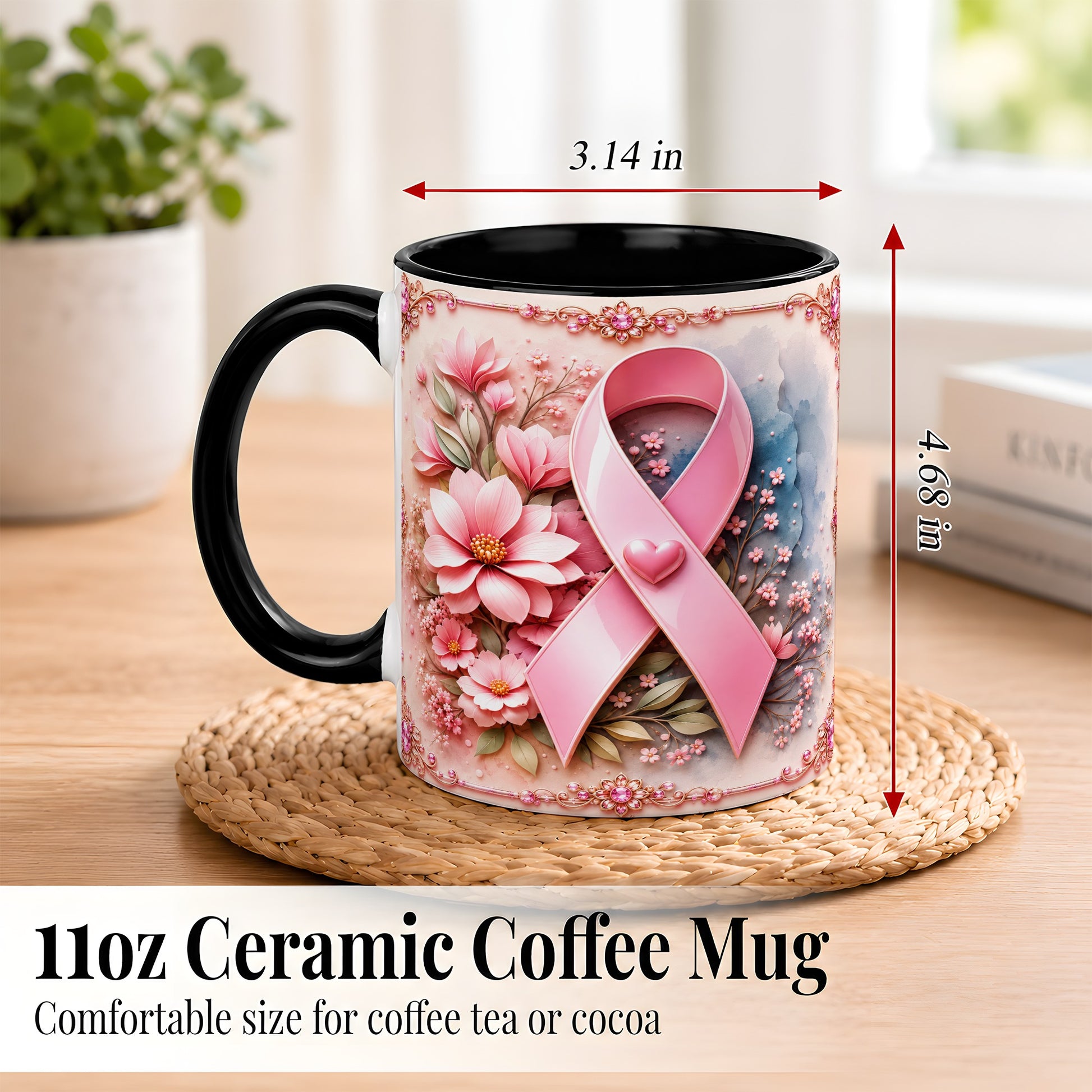 #pl[11oz|Black] Breast Cancer Awareness Coffee Mug, Pink Ribbon Mug, Ceramic Cup