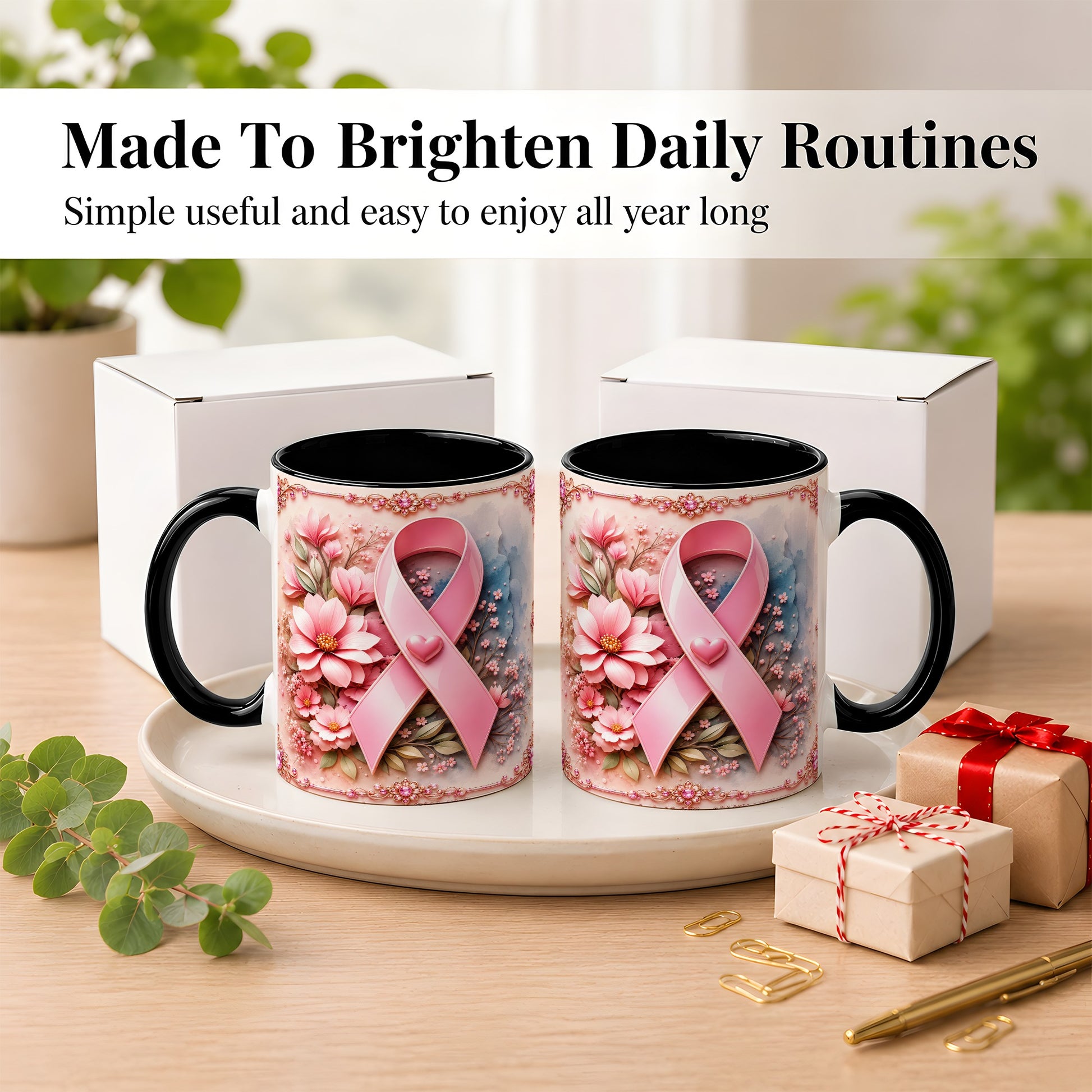 #pl[11oz|Black] Breast Cancer Awareness Coffee Mug, Pink Ribbon Mug, Ceramic Cup