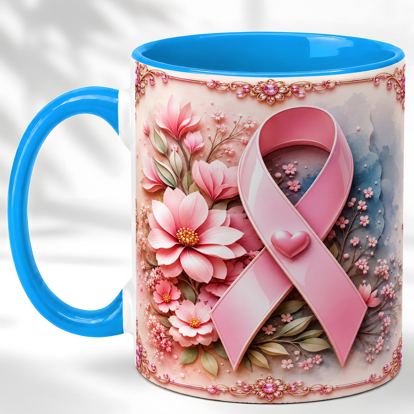 #pl[11oz|Blue] Breast Cancer Awareness Coffee Mug, Pink Ribbon Mug, Ceramic Cup