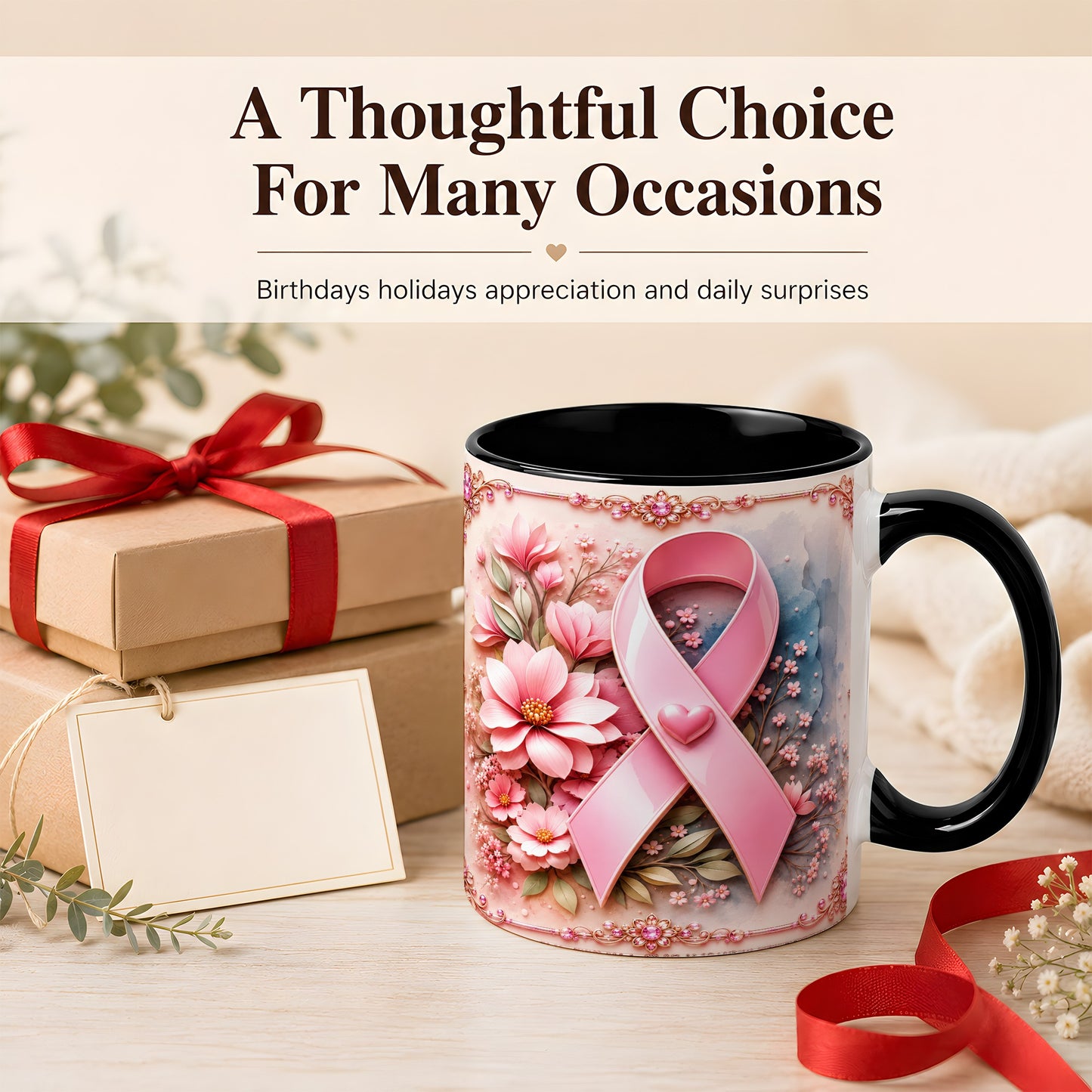 #pl[11oz|Black] Breast Cancer Awareness Coffee Mug, Pink Ribbon Mug, Ceramic Cup