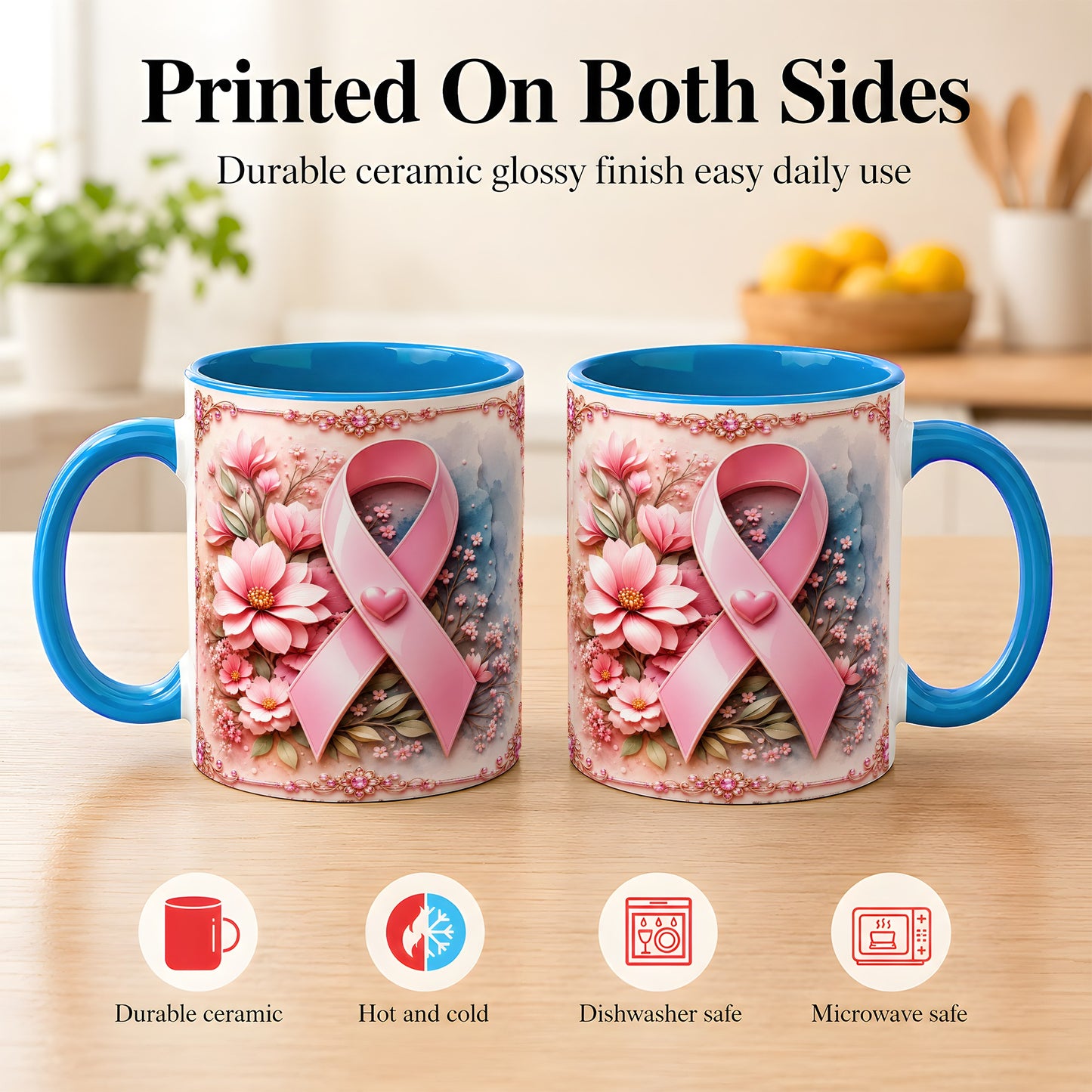#pl[11oz|Blue] Breast Cancer Awareness Coffee Mug, Pink Ribbon Mug, Ceramic Cup