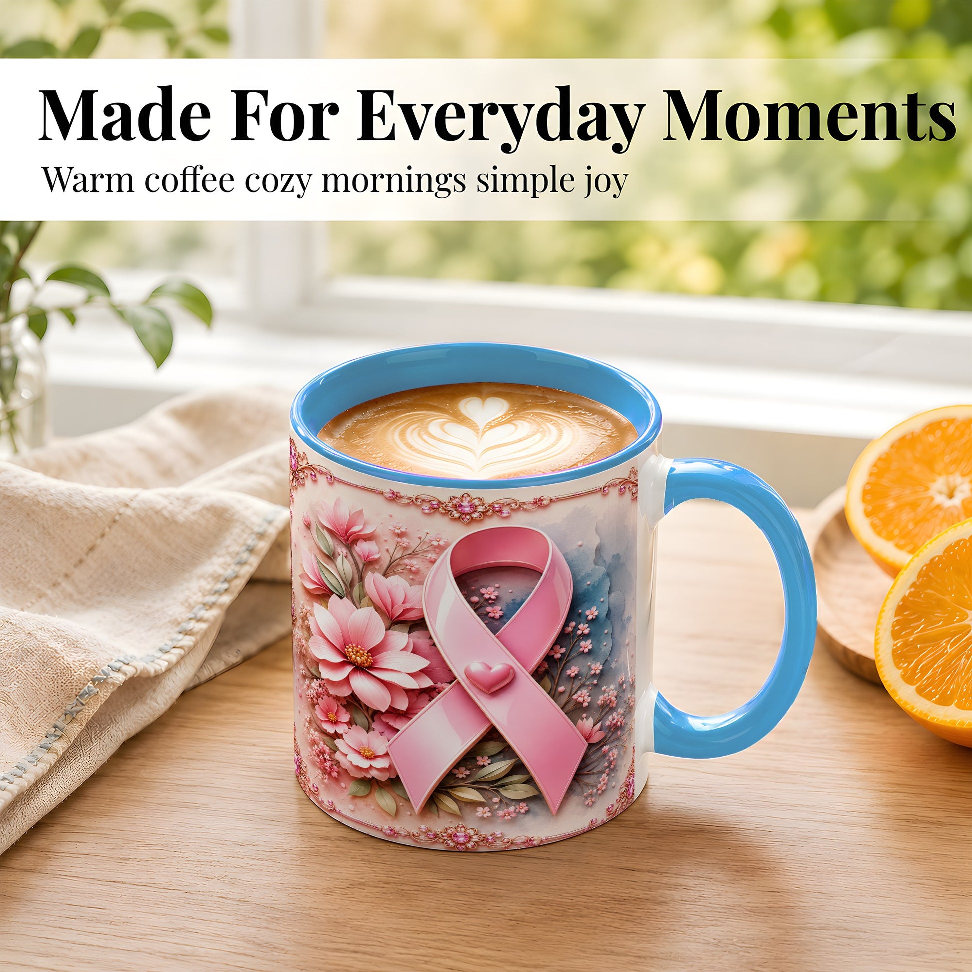 #pl[11oz|Blue] Breast Cancer Awareness Coffee Mug, Pink Ribbon Mug, Ceramic Cup