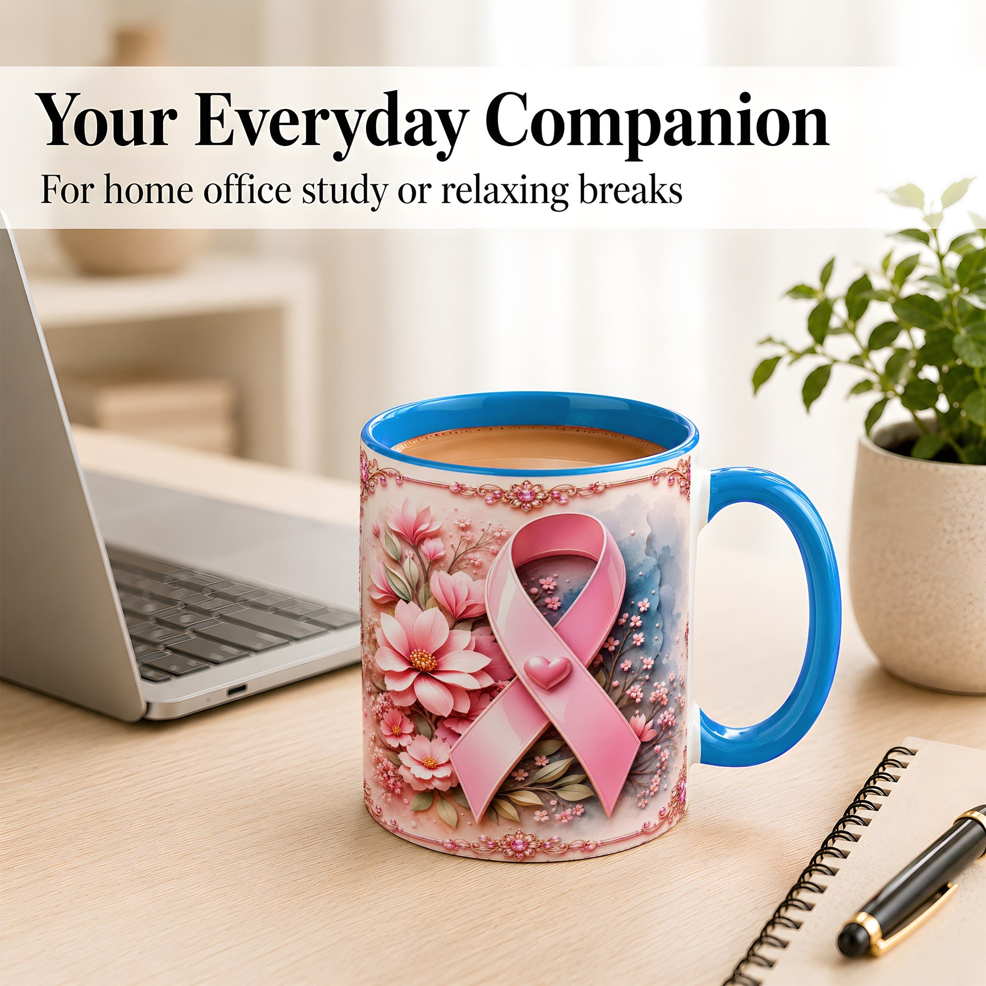 #pl[11oz|Blue] Breast Cancer Awareness Coffee Mug, Pink Ribbon Mug, Ceramic Cup