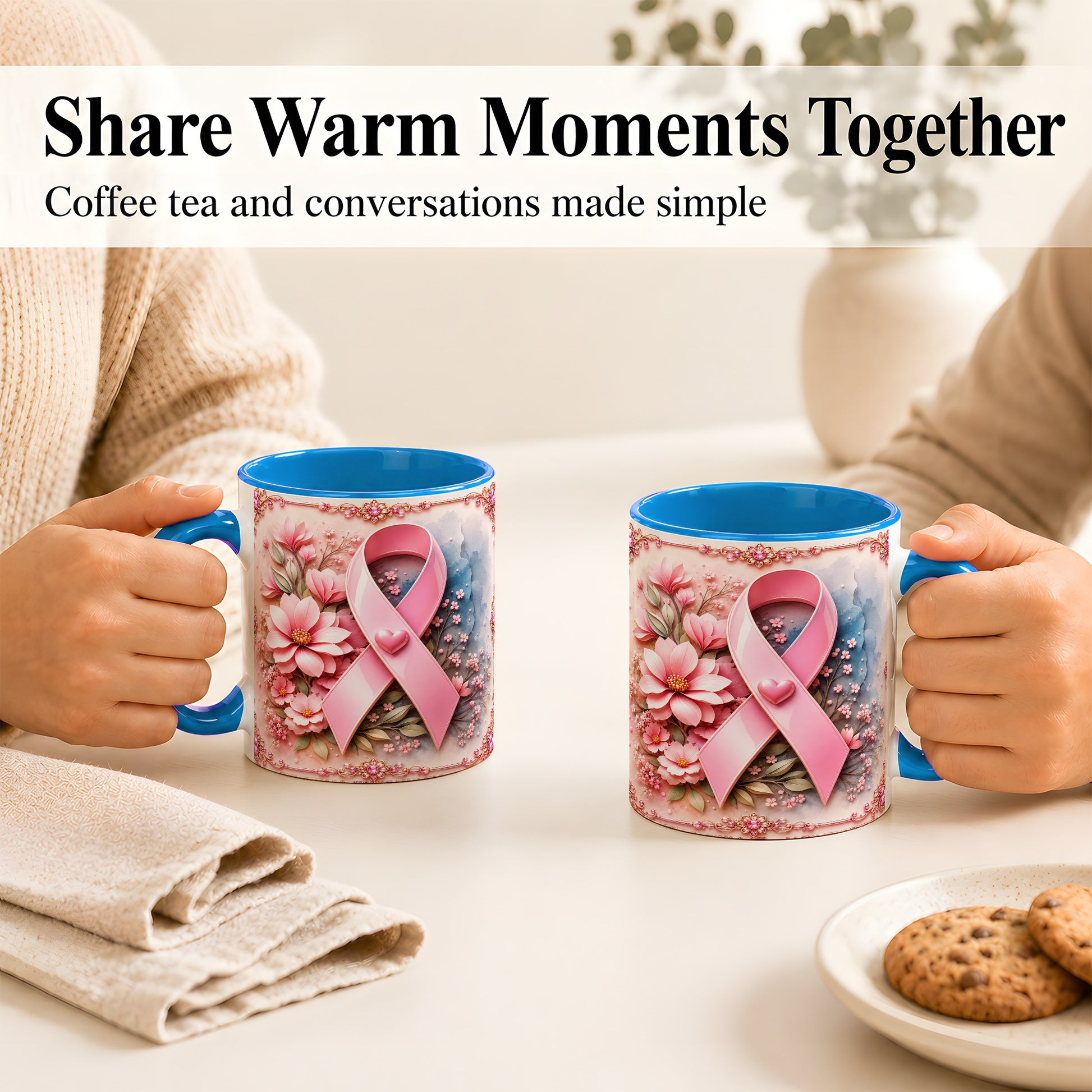 #pl[11oz|Blue] Breast Cancer Awareness Coffee Mug, Pink Ribbon Mug, Ceramic Cup