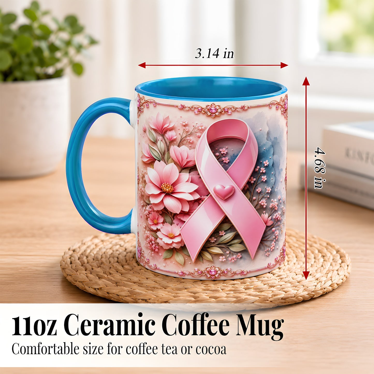 #pl[11oz|Blue] Breast Cancer Awareness Coffee Mug, Pink Ribbon Mug, Ceramic Cup