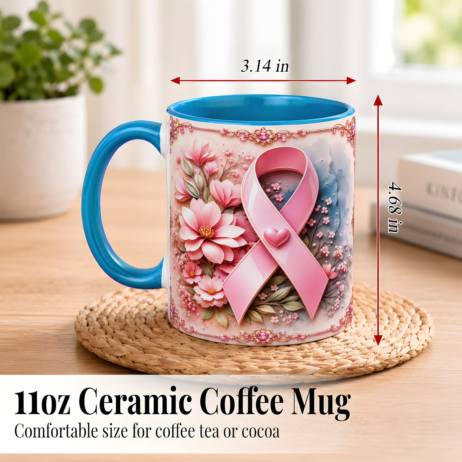 #pl[11oz|Blue] Breast Cancer Awareness Coffee Mug, Pink Ribbon Mug, Ceramic Cup