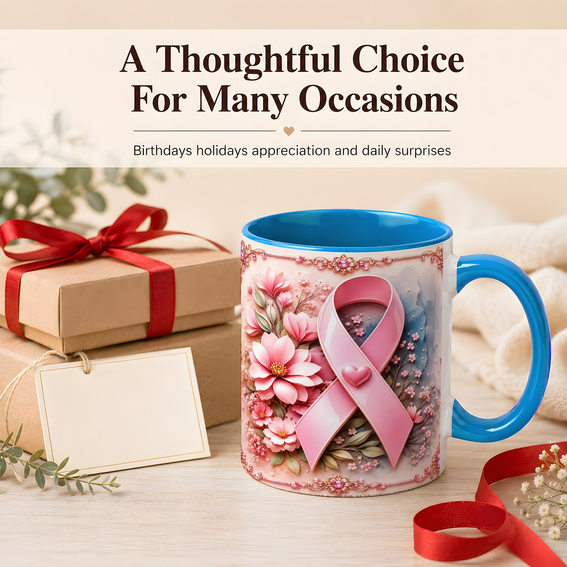 #pl[11oz|Blue] Breast Cancer Awareness Coffee Mug, Pink Ribbon Mug, Ceramic Cup