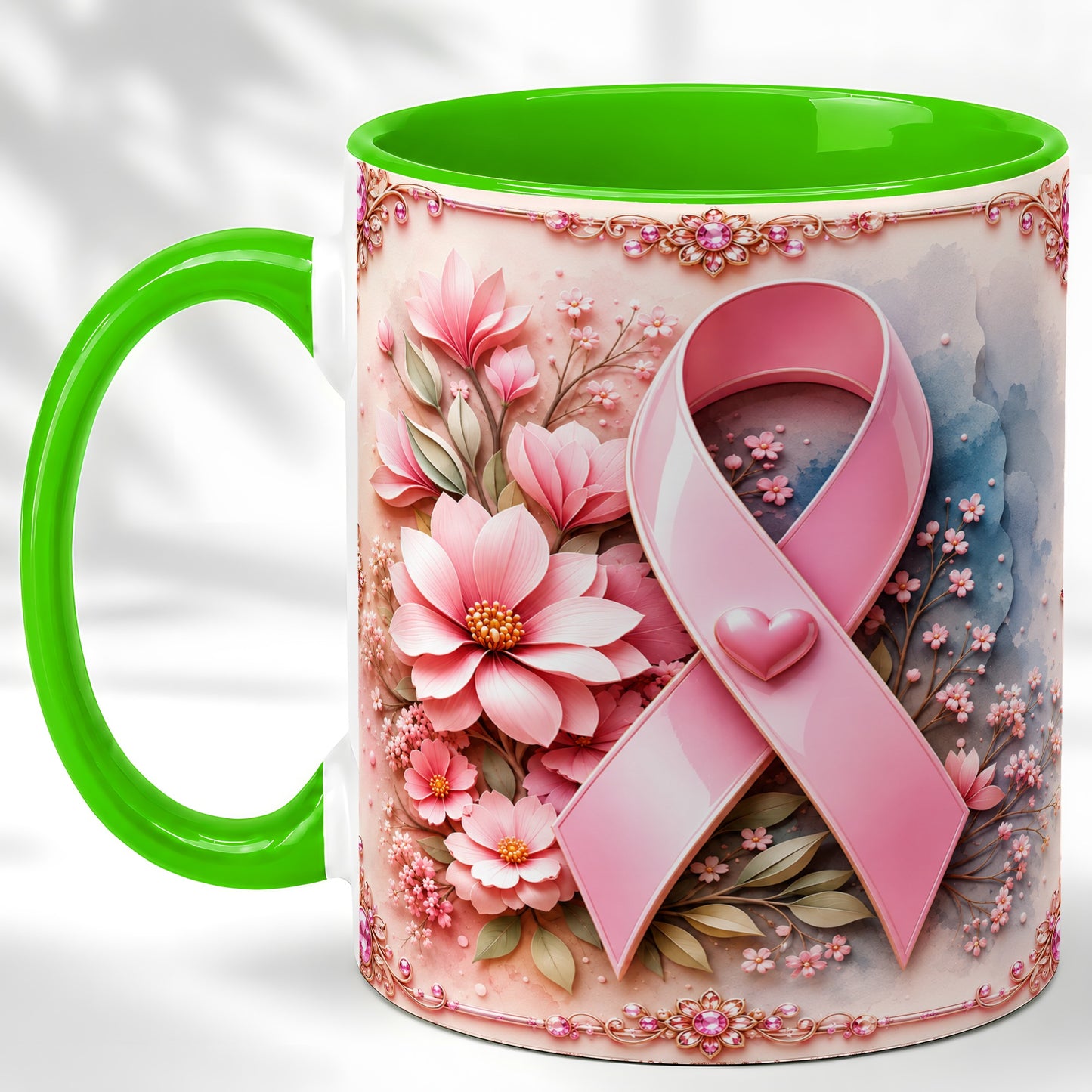 #pl[11oz|Green] Breast Cancer Awareness Coffee Mug, Pink Ribbon Mug, Ceramic Cup