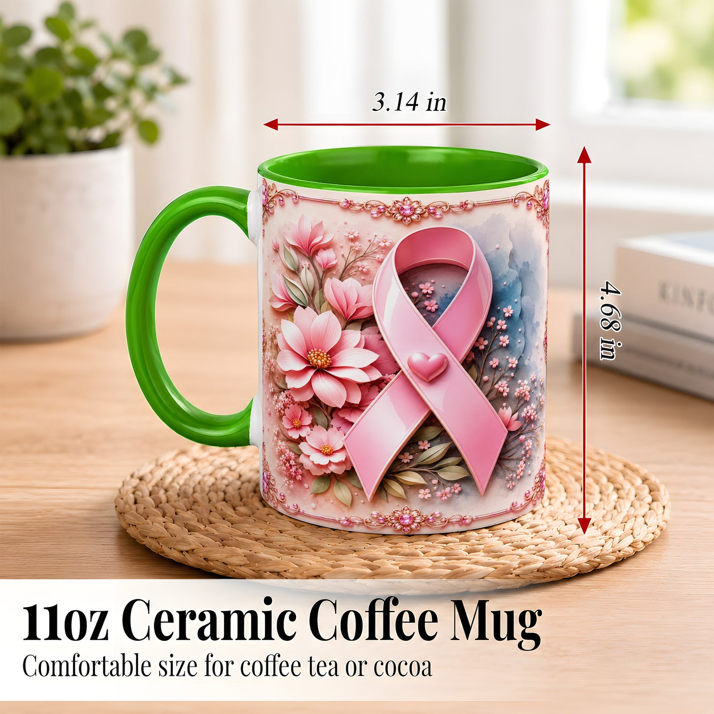 #pl[11oz|Green] Breast Cancer Awareness Coffee Mug, Pink Ribbon Mug, Ceramic Cup
