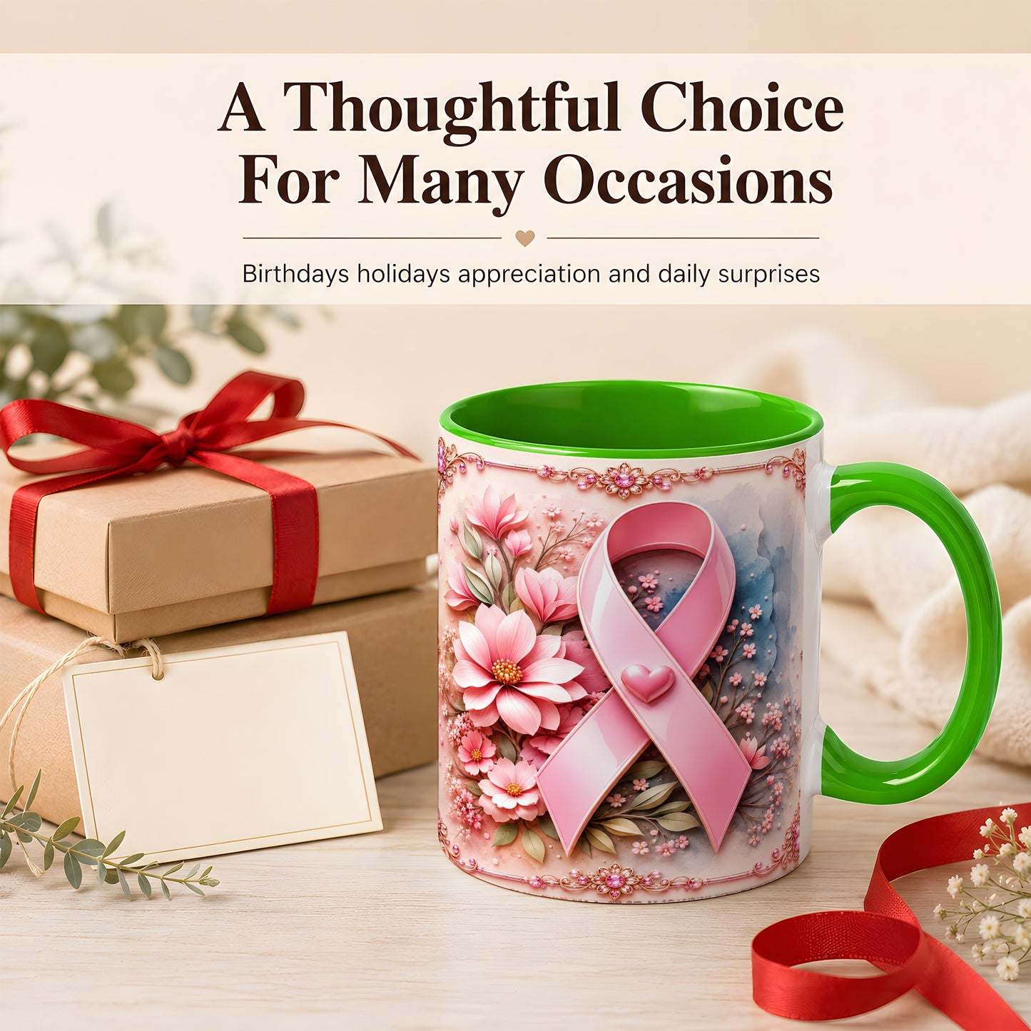 #pl[11oz|Green] Breast Cancer Awareness Coffee Mug, Pink Ribbon Mug, Ceramic Cup