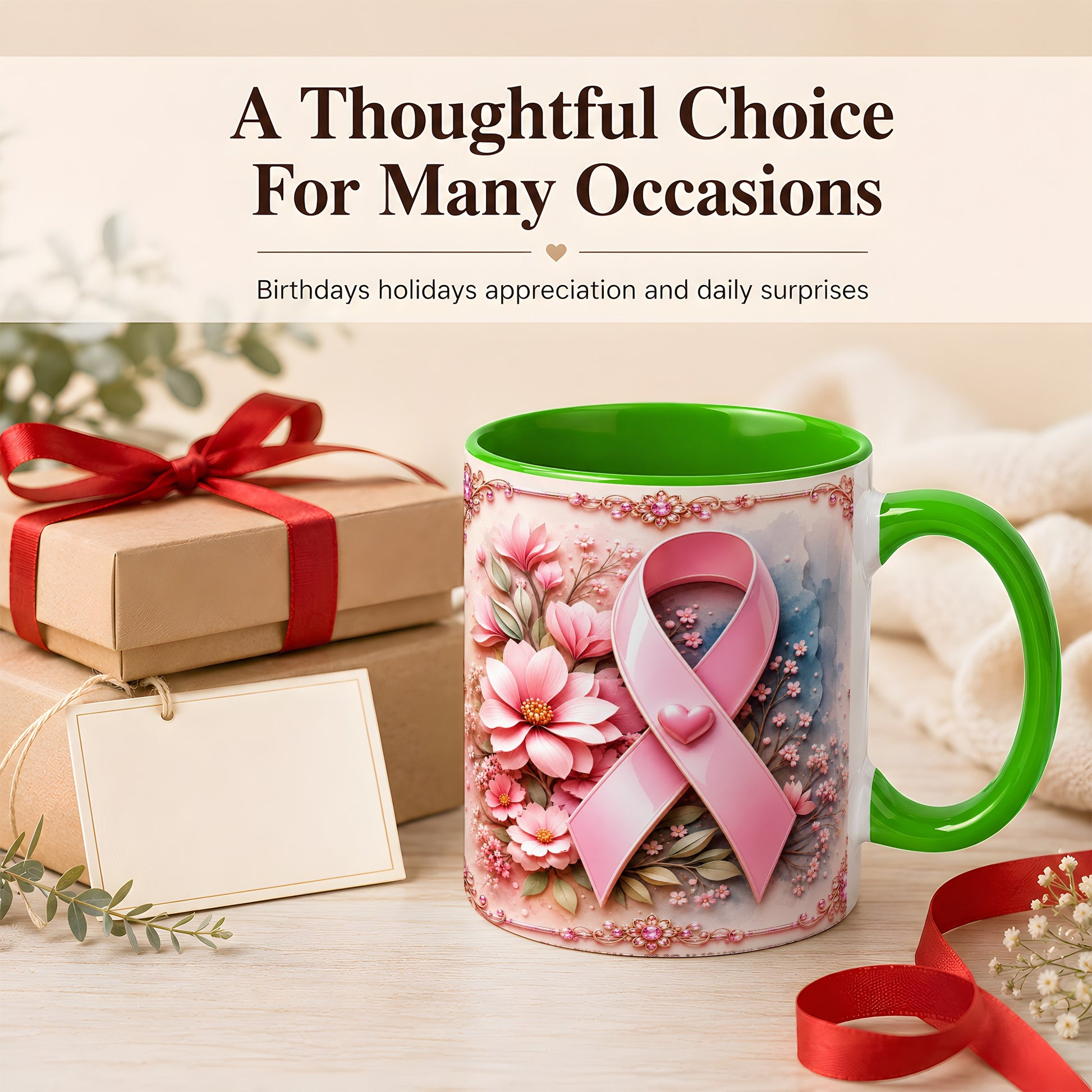#pl[11oz|Green] Breast Cancer Awareness Coffee Mug, Pink Ribbon Mug, Ceramic Cup