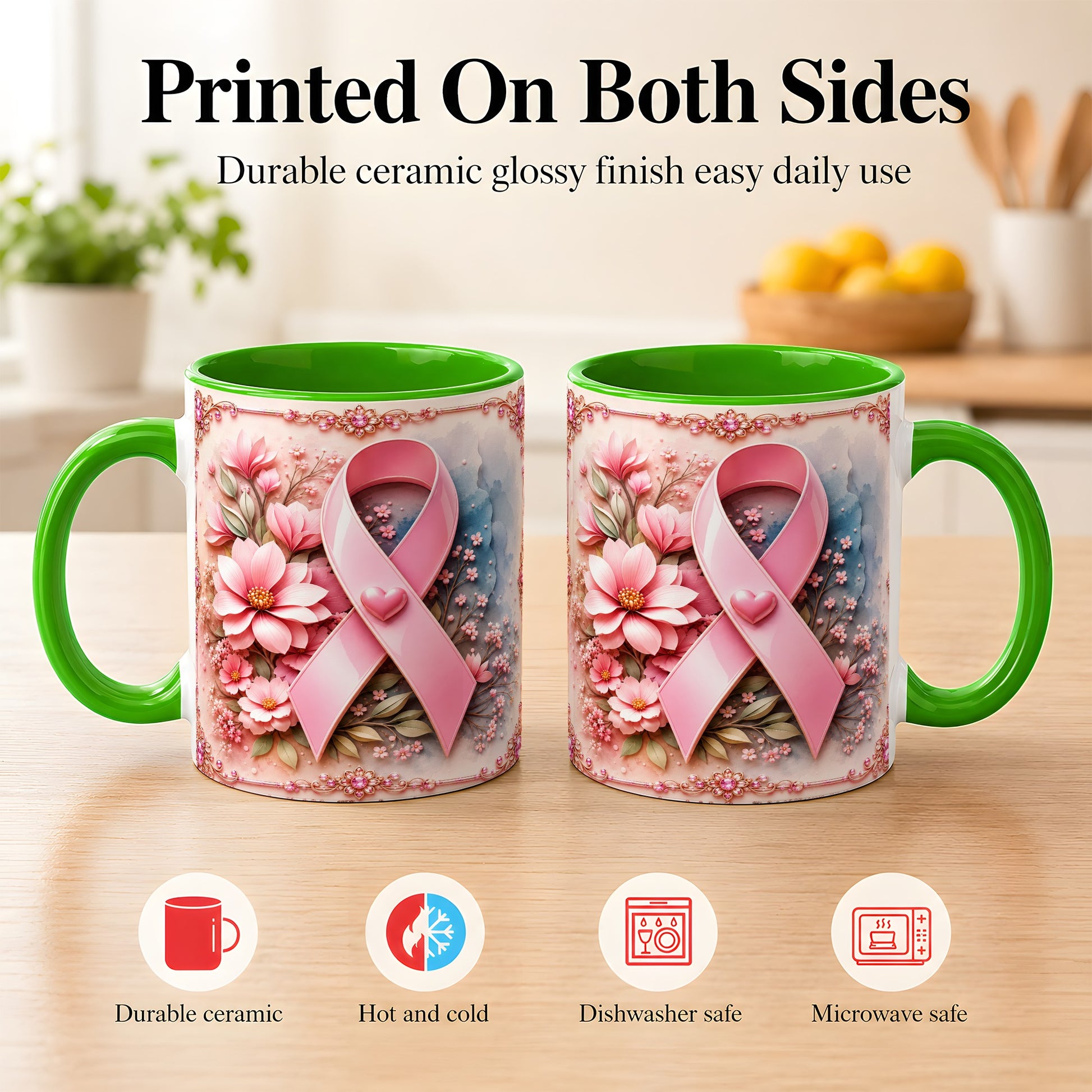 #pl[11oz|Green] Breast Cancer Awareness Coffee Mug, Pink Ribbon Mug, Ceramic Cup